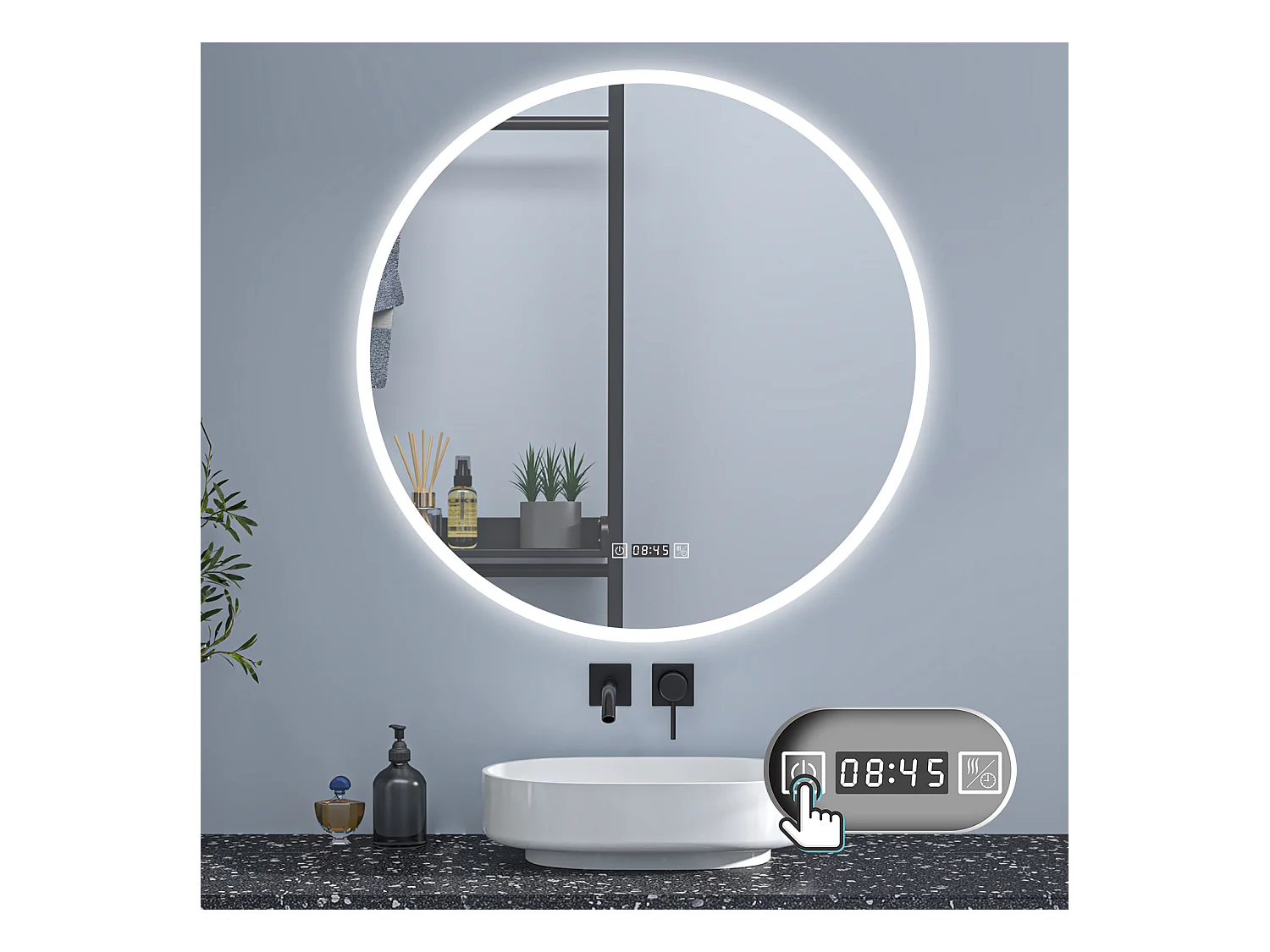 AICA Rund LED Badspiegel ø80cm Uhr 3 Lichtfarbe+Dimmbar Beschlagfrei Memory-Funktion Wand/Touchschalter