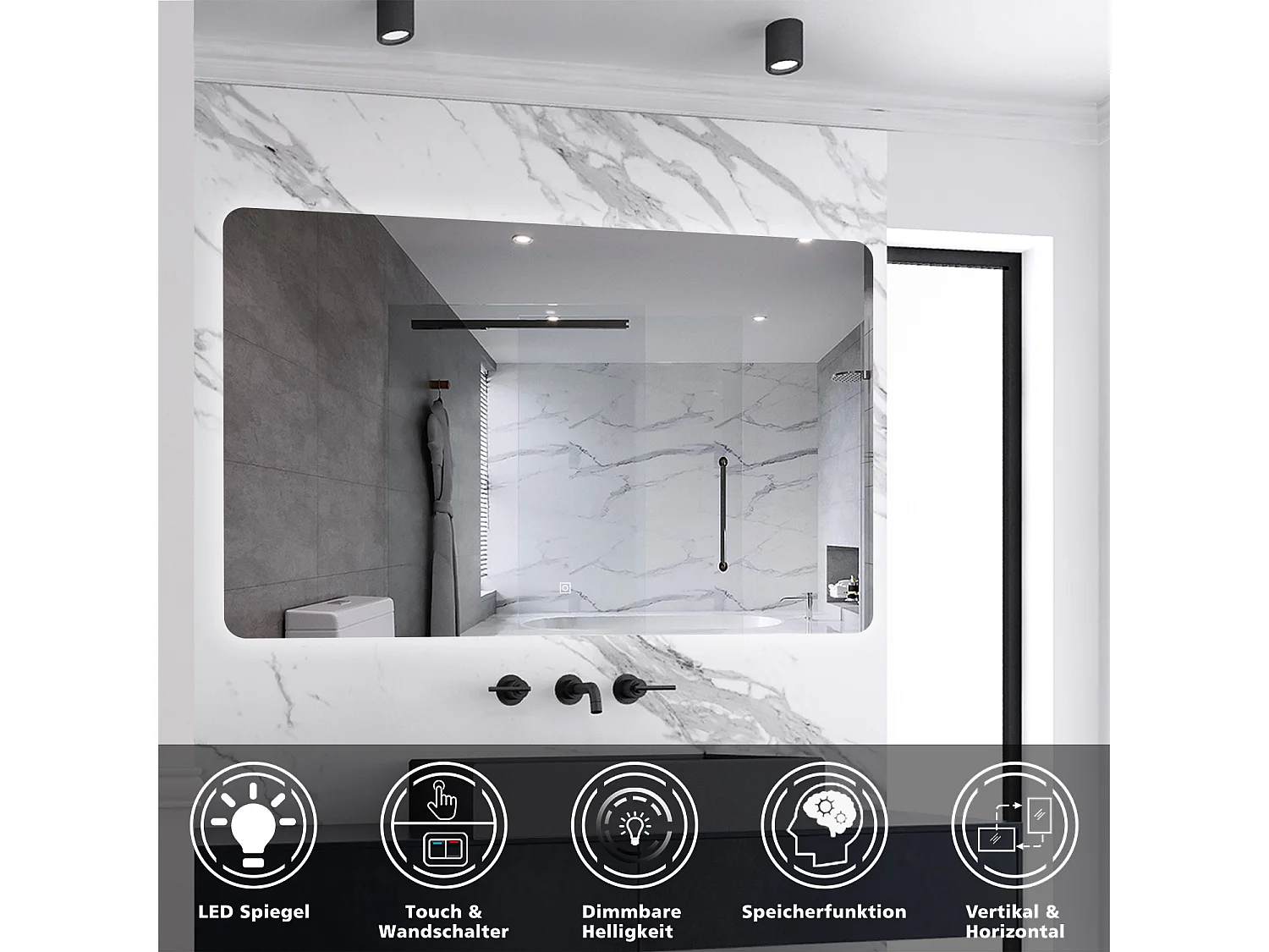 AICA Badspiegel mit LED-Beleuchtung 120x80cm Kaltweiß Dimmbar Memory-Funktion
