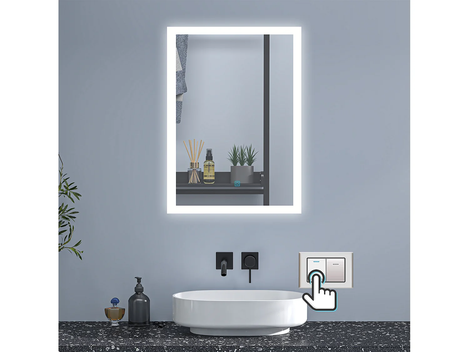 AICA Badspiegel mit LED-Beleuchtung 90x70cm Wand/Touchschalter Beschlagfrei 3 Lichtfarbe+Dimmbar Memory-Funktion - BELAIR