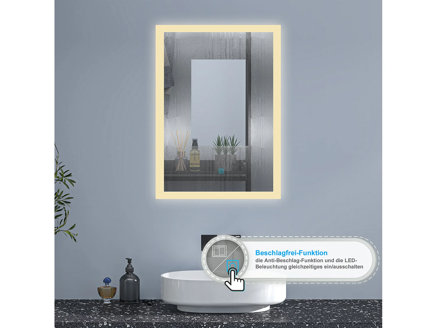 AICA Badspiegel mit LED-Beleuchtung 90x70cm Wand/Touchschalter Beschlagfrei 3 Lichtfarbe+Dimmbar Memory-Funktion - BELAIR