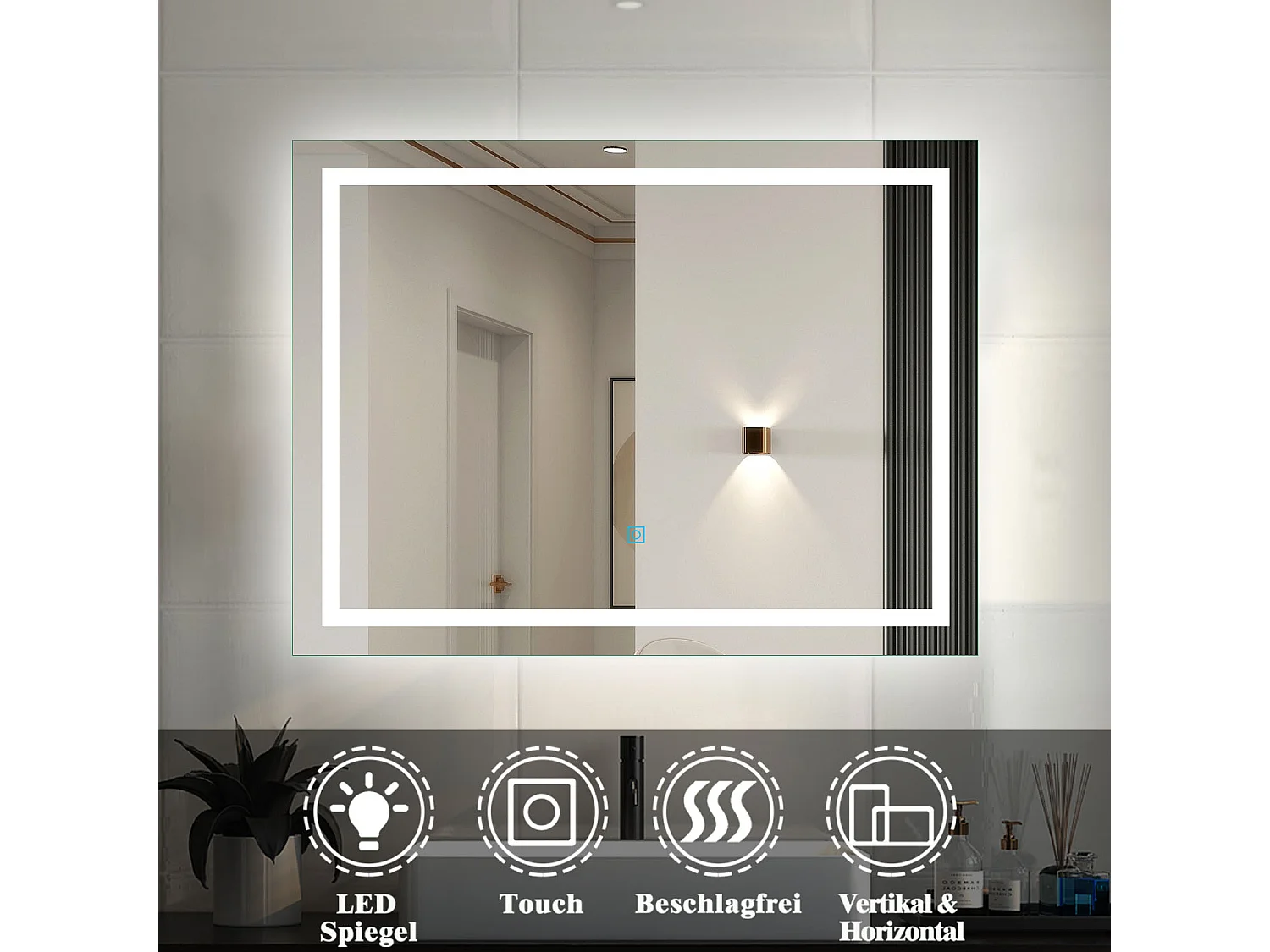 AICA Badspiegel mit LED-Beleuchtung 90x60cm Touchschalter Beschlagfrei Kaltweiß - PALMAR