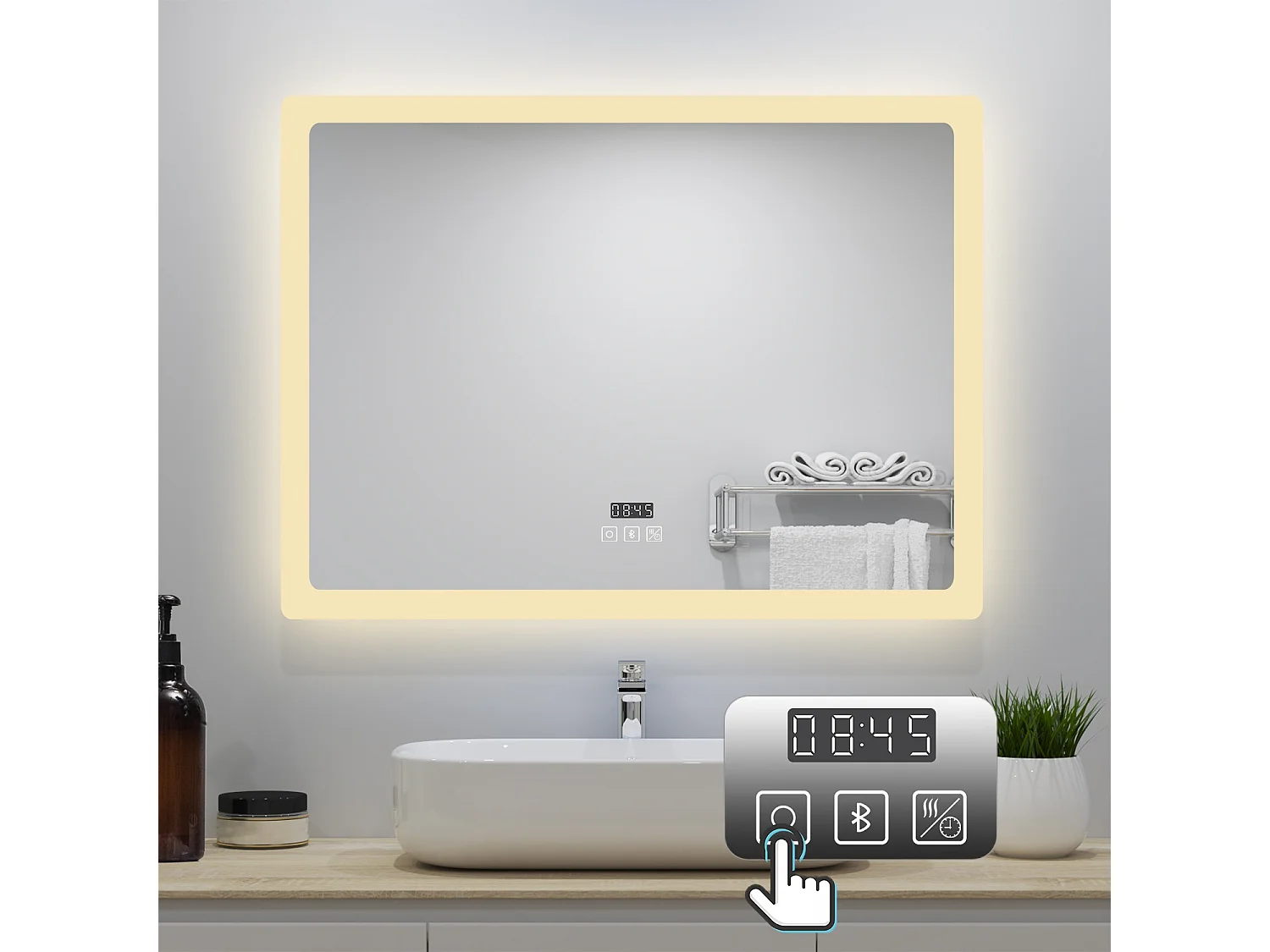 AICA Badspiegel mit LED-Beleuchtung 70x50cm Bluetooth Uhr Beschlagfrei 3 Lichtfarbe+Dimmbar Memory-Funktion