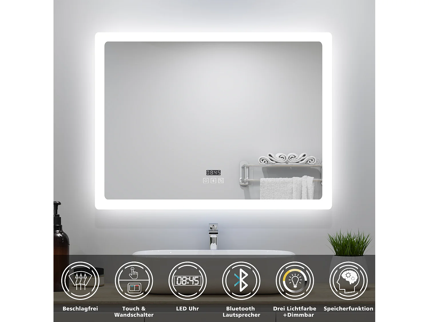 AICA Badspiegel mit LED-Beleuchtung 70x50cm Bluetooth Uhr Beschlagfrei 3 Lichtfarbe+Dimmbar Memory-Funktion