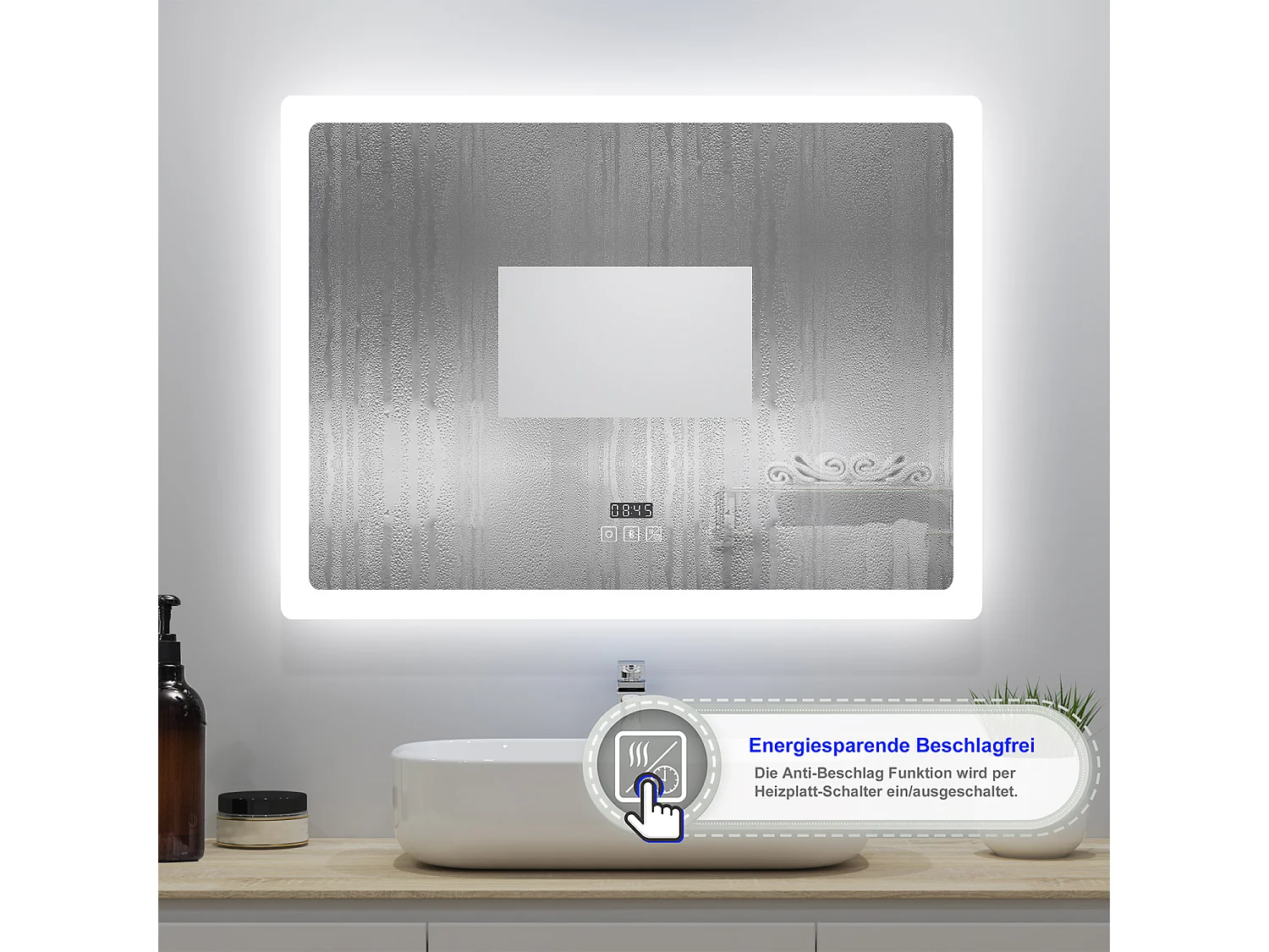 AICA Badspiegel mit LED-Beleuchtung 70x50cm Bluetooth Uhr Beschlagfrei 3 Lichtfarbe+Dimmbar Memory-Funktion