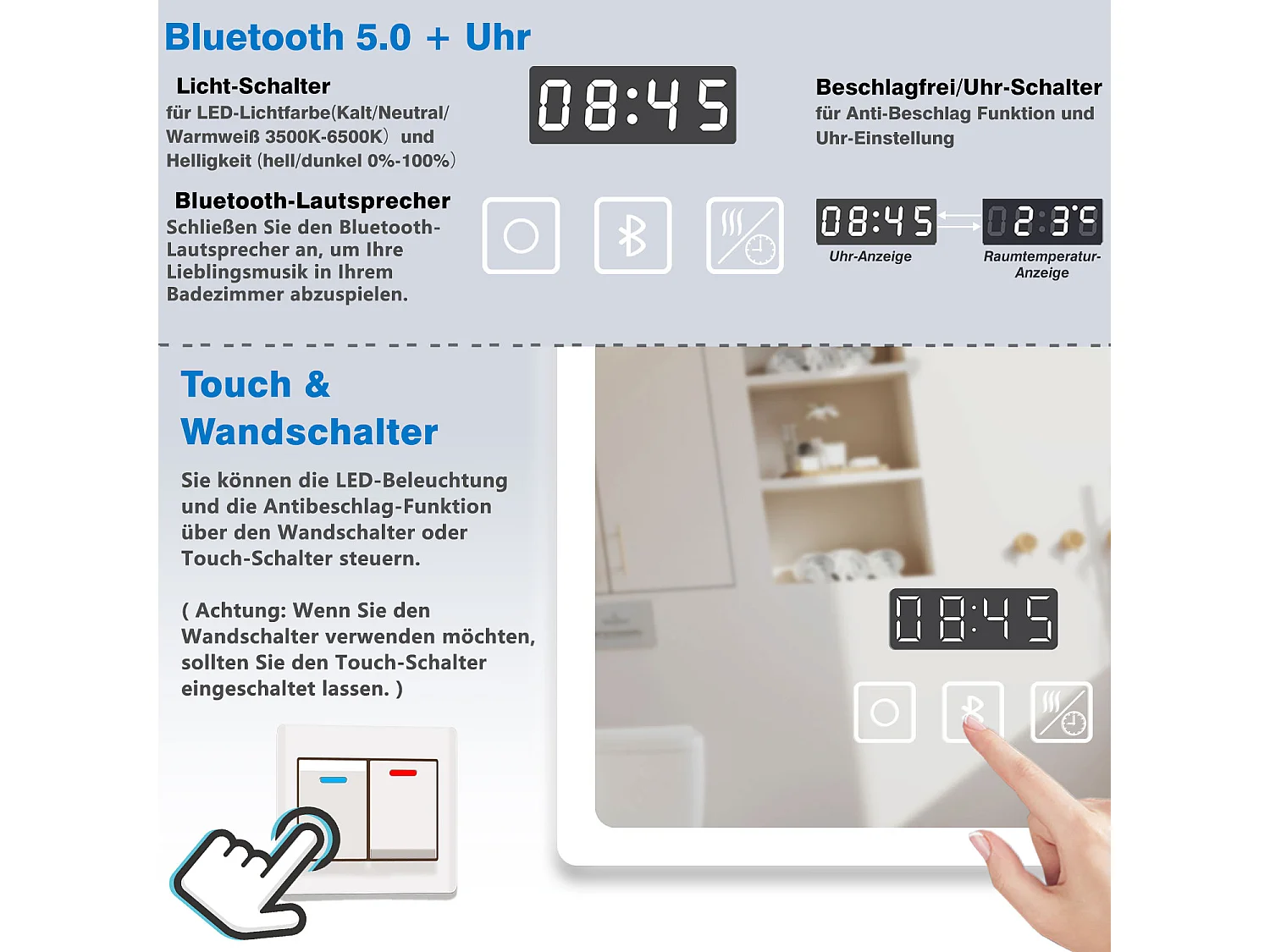 AICA Badspiegel mit LED-Beleuchtung 70x50cm Bluetooth Uhr Beschlagfrei 3 Lichtfarbe+Dimmbar Memory-Funktion