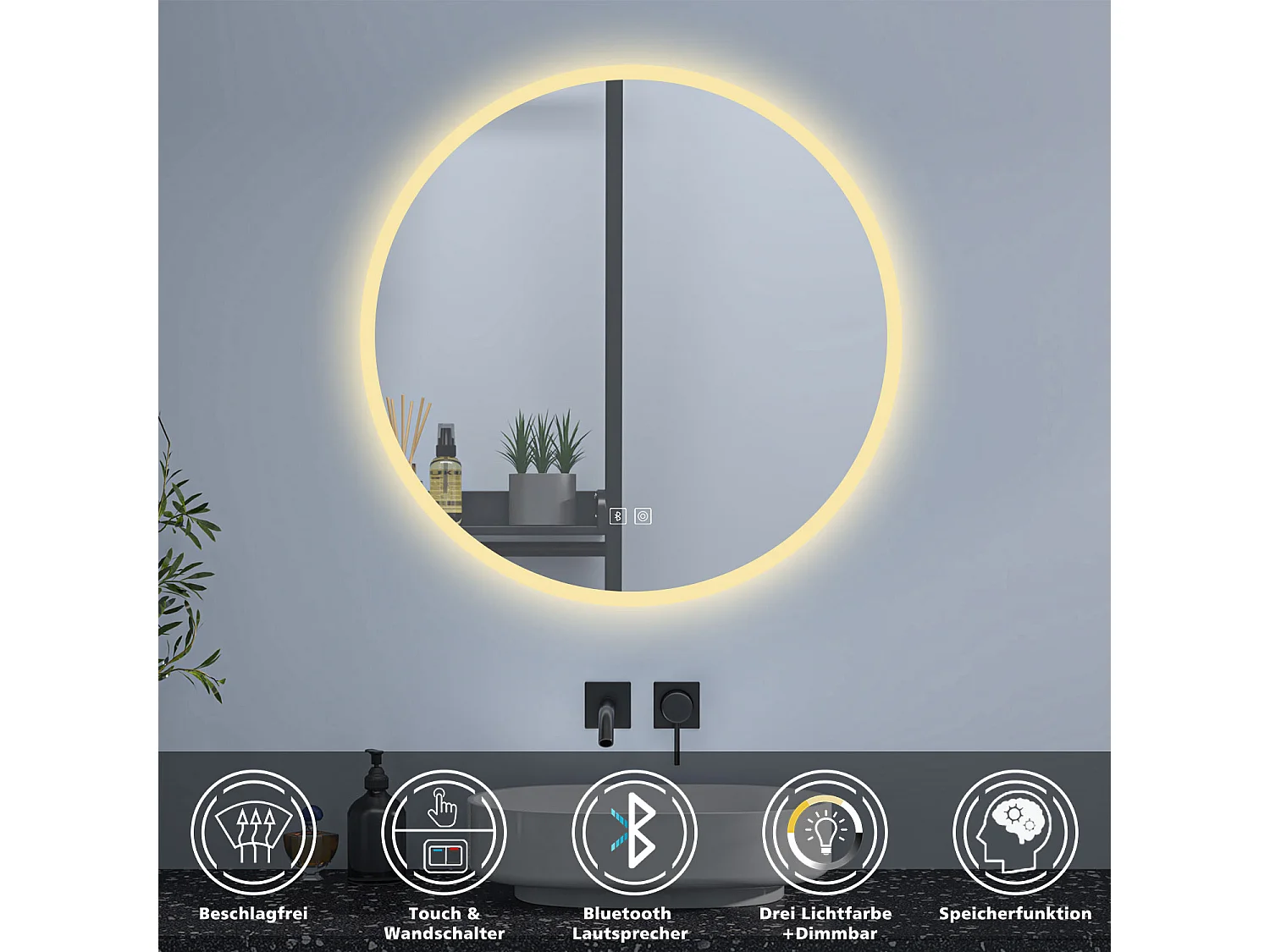 AICA Rund LED Badspiegel ø70cm Bluetooth 3 Lichtfarbe+Dimmbar Beschlagfrei Memory-Funktion Wand/Touchschalter