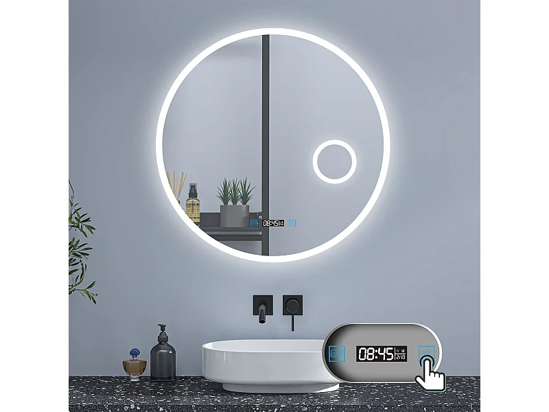 AICA Rund Badezimmerspiegel mit LED-Beleuchtung ø70cm Uhr Kosmetikspiegel 3 Lichtfarbe+Dimmbar Beschlagfrei Memory-Funktion