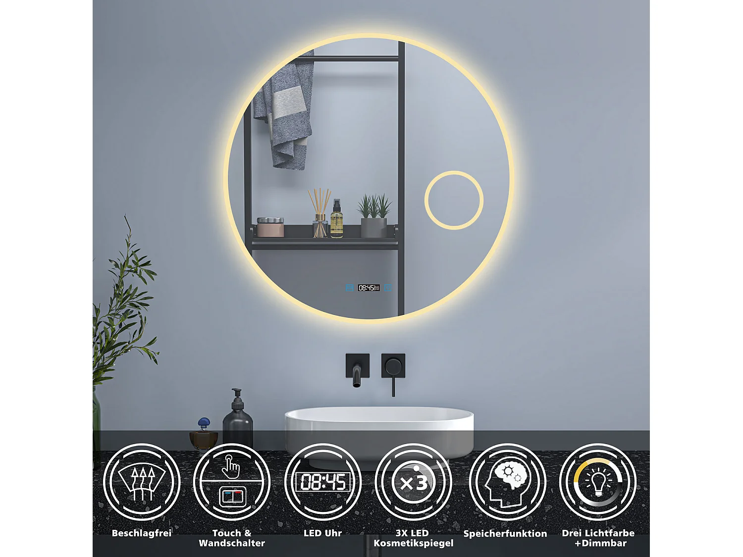 AICA Rund Badezimmerspiegel mit LED-Beleuchtung ø70cm Uhr Kosmetikspiegel 3 Lichtfarbe+Dimmbar Beschlagfrei Memory-Funktion