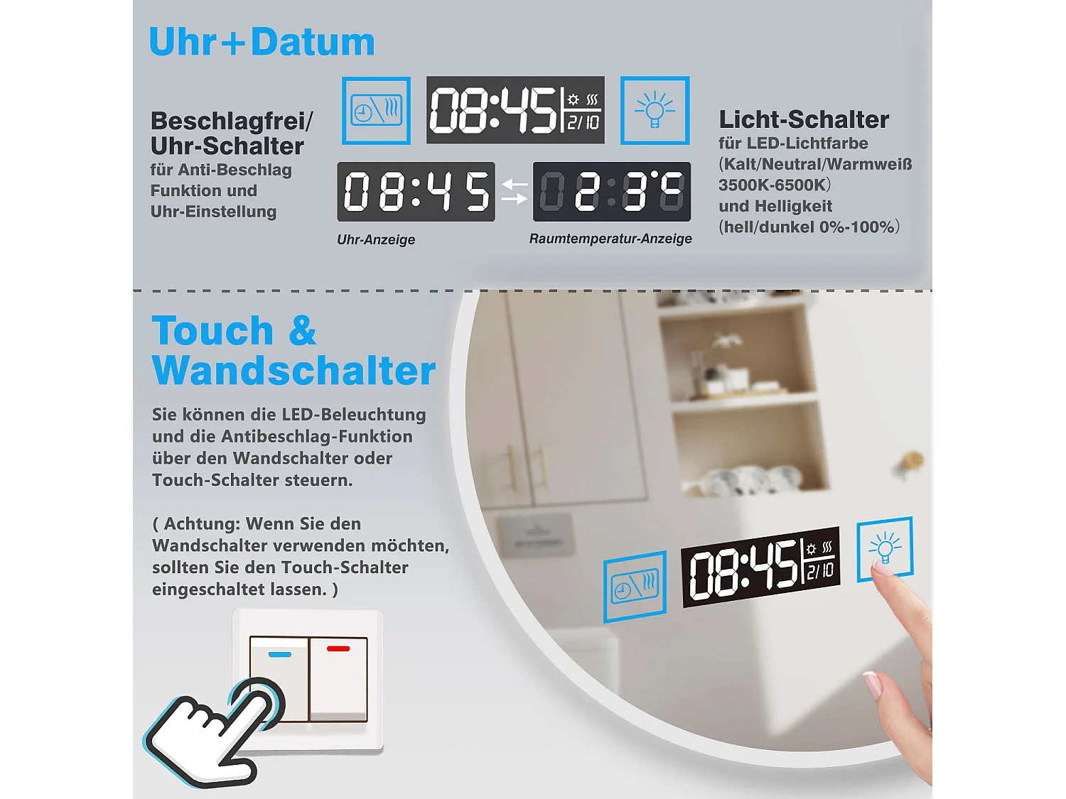 AICA Rund Badezimmerspiegel mit LED-Beleuchtung ø70cm Uhr Kosmetikspiegel 3 Lichtfarbe+Dimmbar Beschlagfrei Memory-Funktion