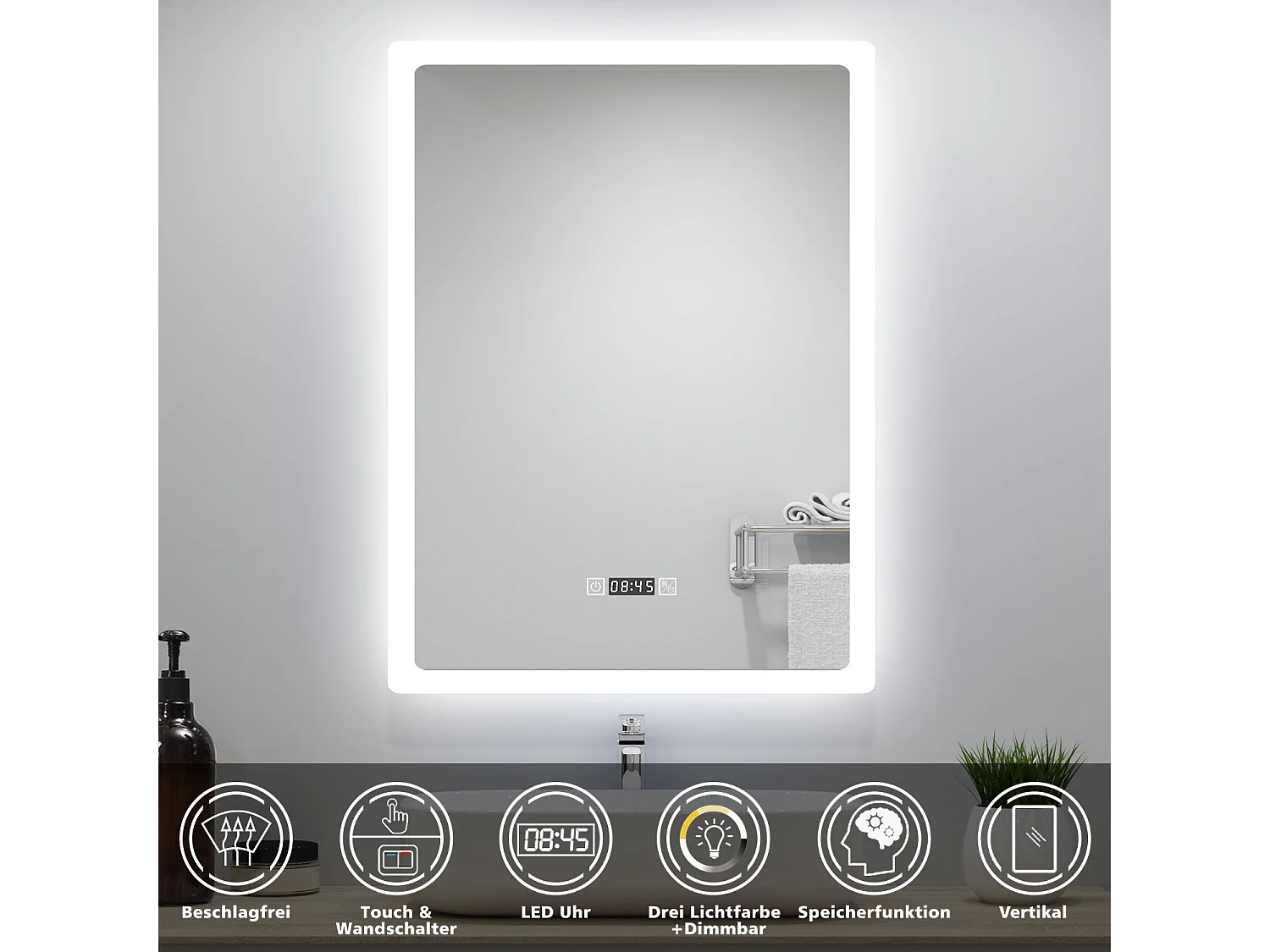 AICA LED Badspiegel 50x70cm Wand/Touchschalter - Uhr - Beschlagfrei - 3 Lichtfarbe - Dimmbar - Memory-Funktion