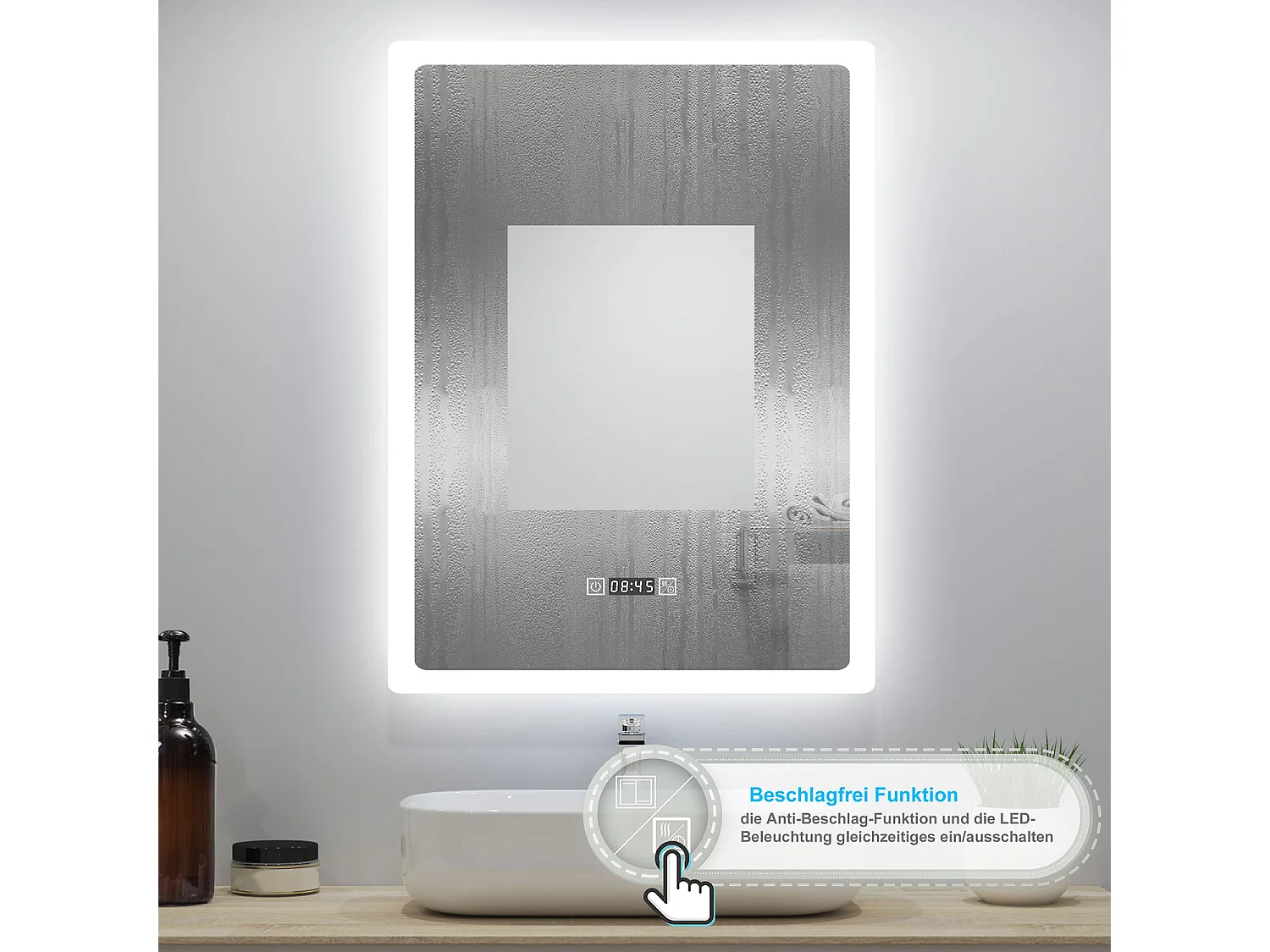 AICA LED Badspiegel 50x70cm Wand/Touchschalter - Uhr - Beschlagfrei - 3 Lichtfarbe - Dimmbar - Memory-Funktion