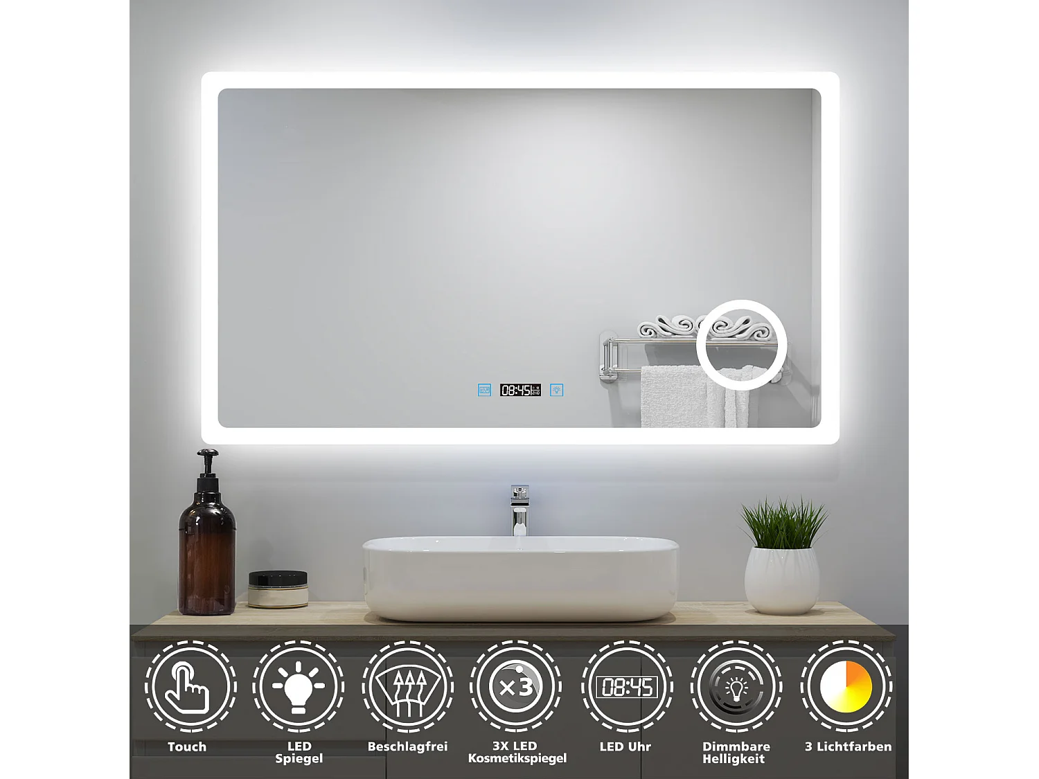 AICA Badspiegel mit LED-Beleuchtung 160x80cm Uhr Kosmetikspiegel Beschlagfrei 3 Lichtfarbe+Dimmbar Memory-Funktion