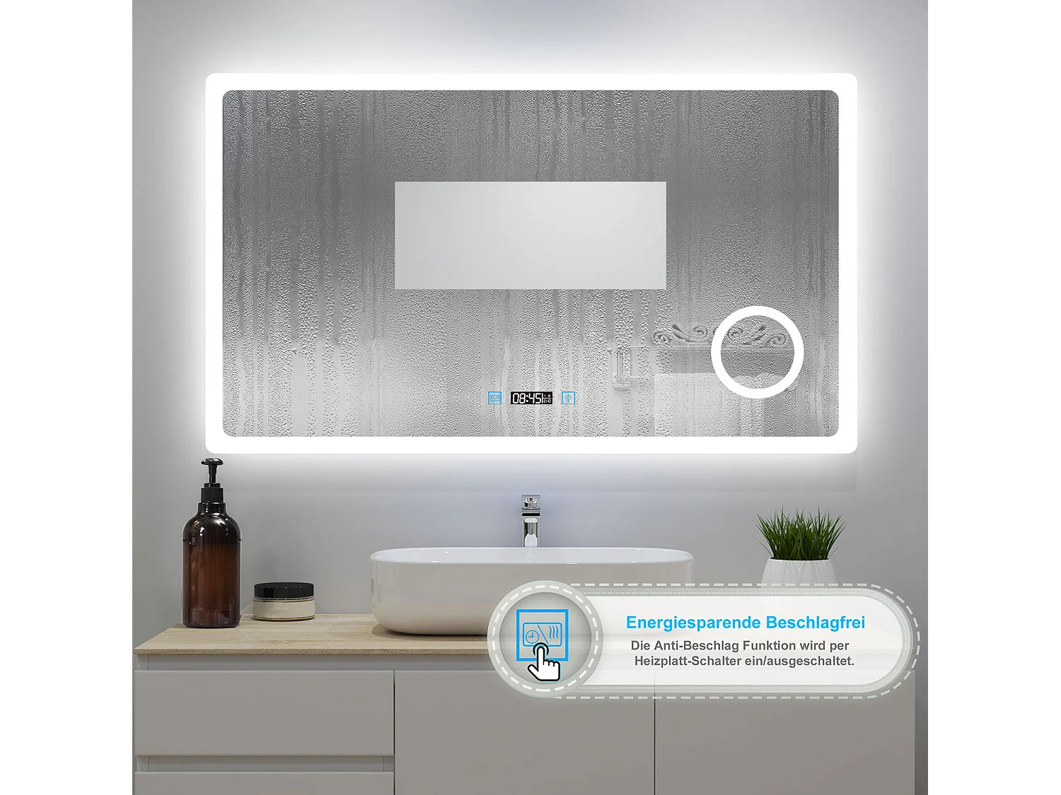 AICA Badspiegel mit LED-Beleuchtung 160x80cm Uhr Kosmetikspiegel Beschlagfrei 3 Lichtfarbe+Dimmbar Memory-Funktion