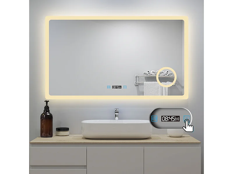 AICA Badspiegel mit LED-Beleuchtung 160x80cm Uhr Kosmetikspiegel Beschlagfrei 3 Lichtfarbe+Dimmbar Memory-Funktion