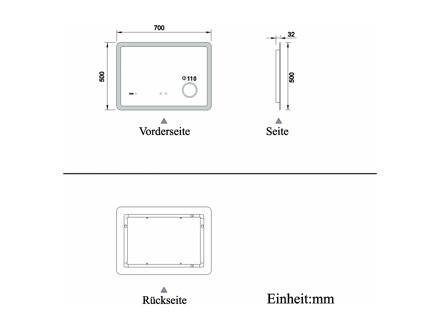 AICA Badspiegel mit LED-Beleuchtung 70x50cm Bluetooth Uhr Kosmetikspiegel 3 Lichtfarbe+Dimmbar Beschlagfrei Memory-Funktion