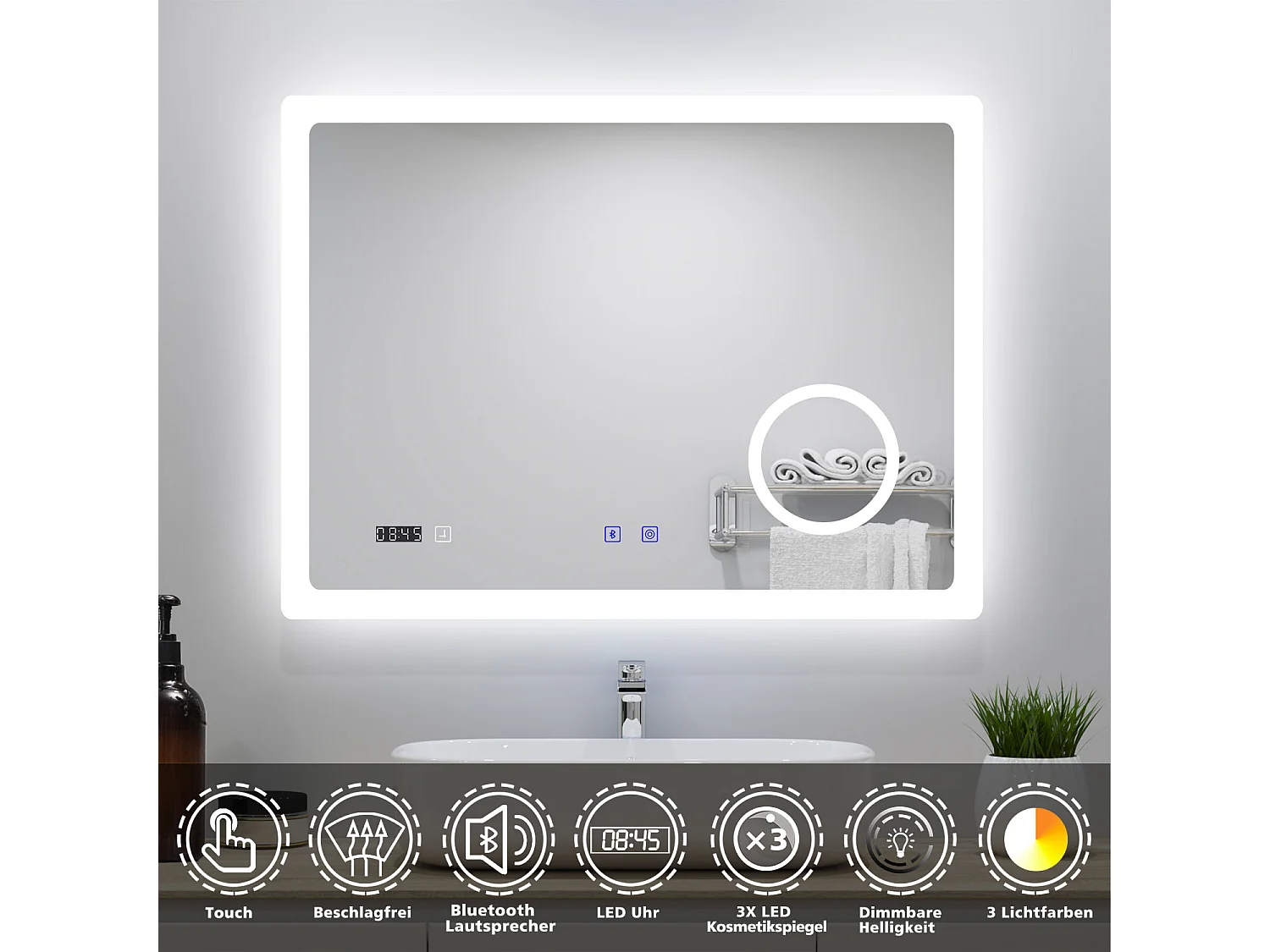 AICA Badspiegel mit LED-Beleuchtung 70x50cm Bluetooth Uhr Kosmetikspiegel 3 Lichtfarbe+Dimmbar Beschlagfrei Memory-Funktion