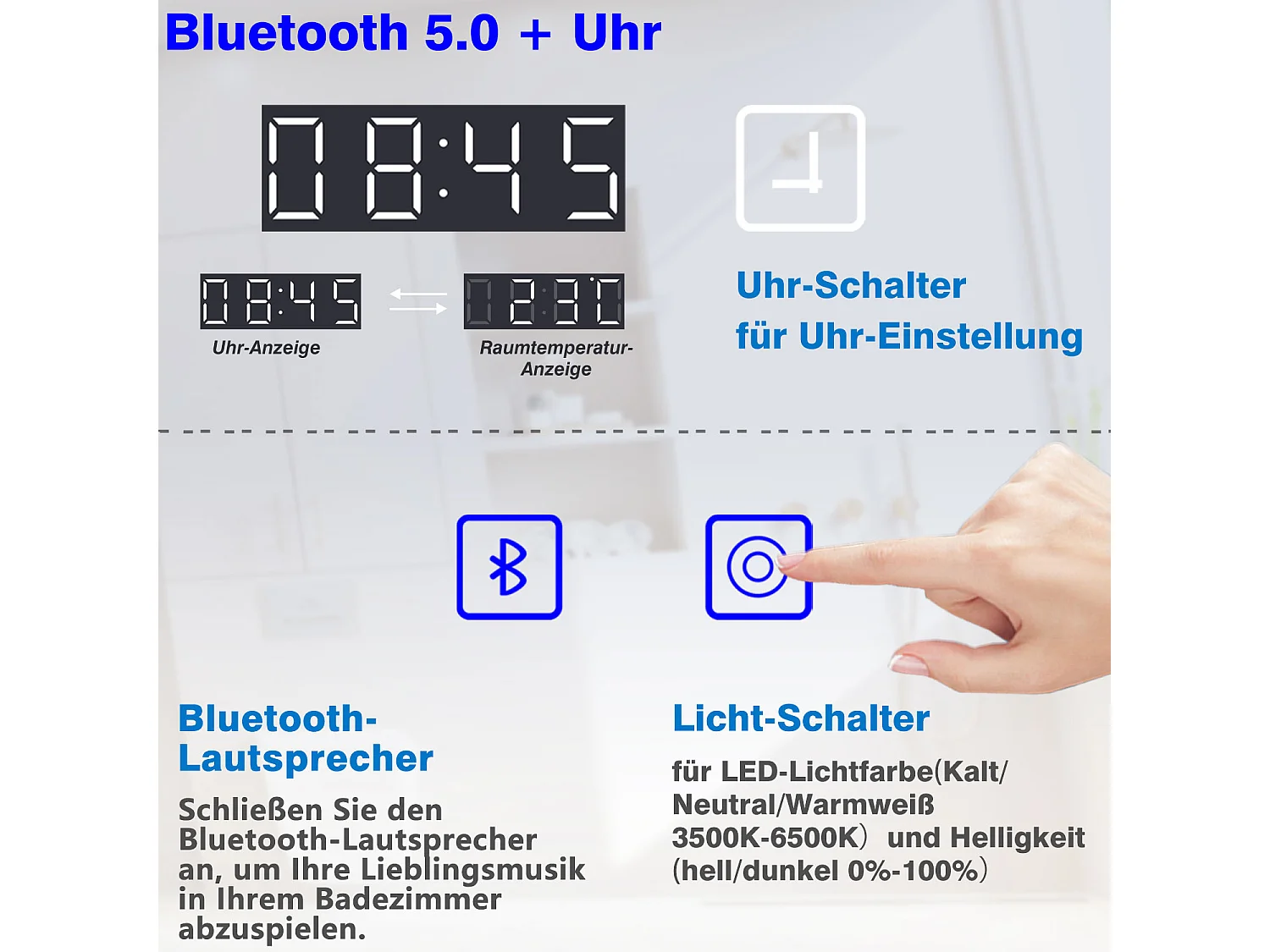 AICA Badspiegel mit LED-Beleuchtung 70x50cm Bluetooth Uhr Kosmetikspiegel 3 Lichtfarbe+Dimmbar Beschlagfrei Memory-Funktion