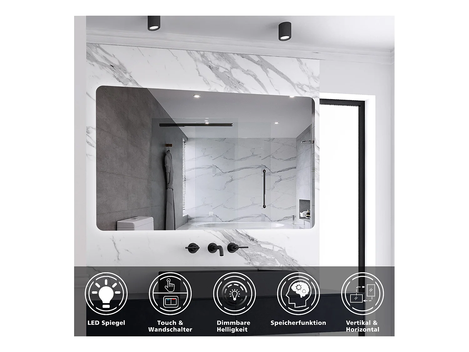 AICA Badspiegel mit LED-Beleuchtung 100x80cm Kaltweiß Dimmbar Memory-Funktion