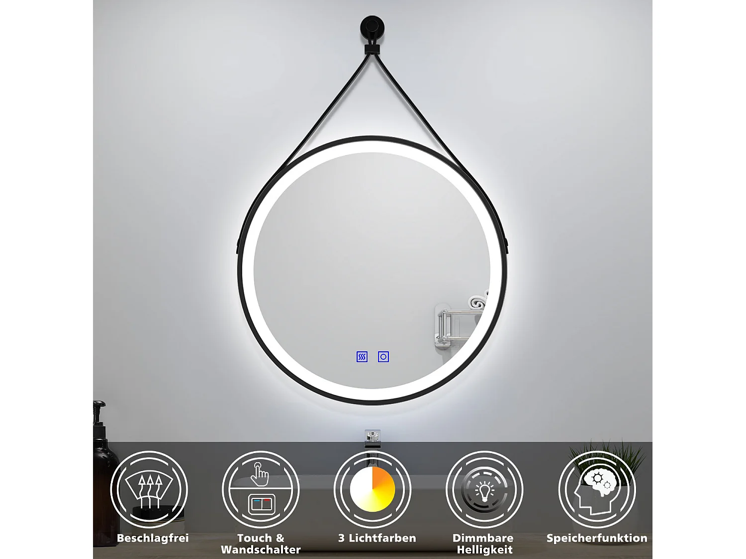 AICA Rund Badspiegel 80cm mit Schwarz Ledergürtel Touch/Wandschalter Beschlagfrei 3 Lichtfarbe+Dimmbar