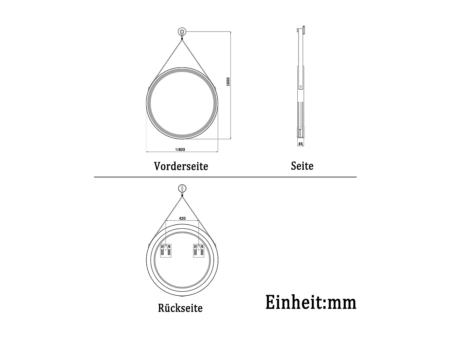 AICA Rund Badspiegel 80cm mit Schwarz Ledergürtel Touch/Wandschalter Beschlagfrei 3 Lichtfarbe+Dimmbar