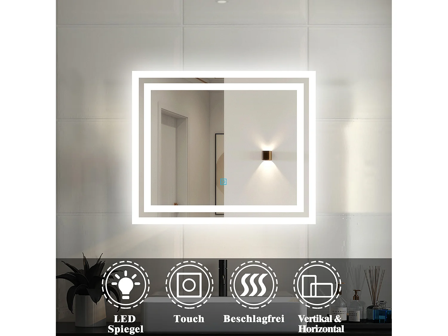 AICA Badspiegel mit LED-Beleuchtung 60x50cm Kaltweiß Touchschalter Beschlagfrei - PICHON