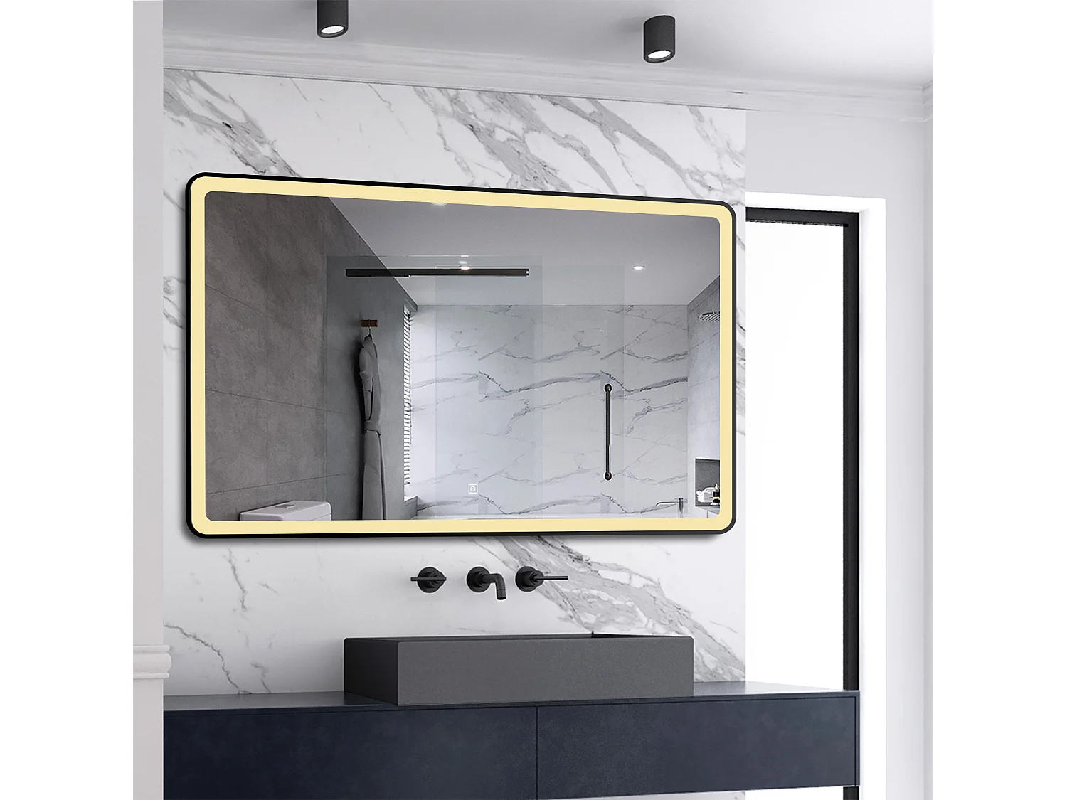 AICA Badspiegel mit LED-Beleuchtung 120x70cm Beschlagfrei 3 Lichtfarbe 3000K-6000K+Dimmbar Schwarz Rahmen