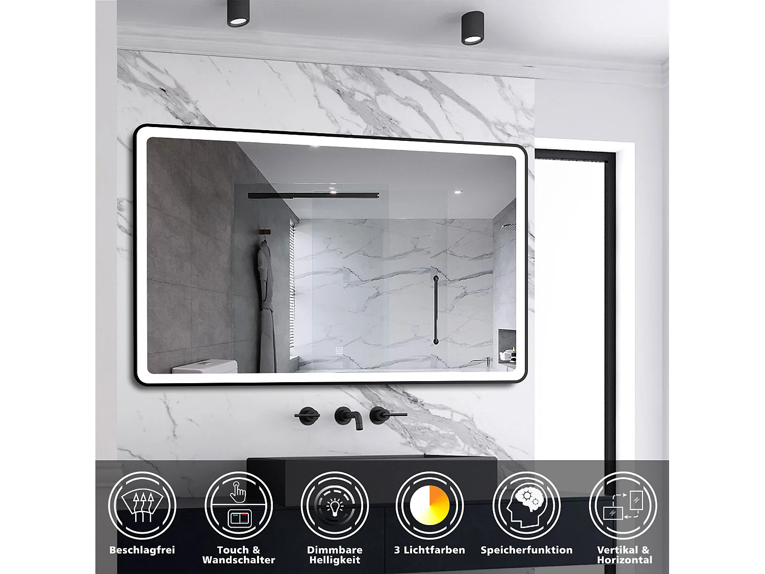 AICA Badspiegel mit LED-Beleuchtung 120x70cm Beschlagfrei 3 Lichtfarbe 3000K-6000K+Dimmbar Schwarz Rahmen