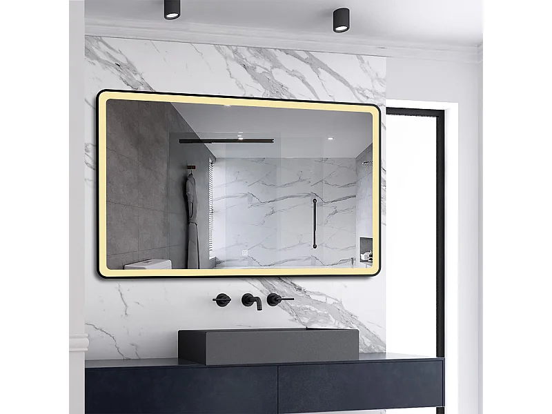 AICA Badspiegel mit LED-Beleuchtung 120x70cm Beschlagfrei 3 Lichtfarbe 3000K-6000K+Dimmbar Schwarz Rahmen