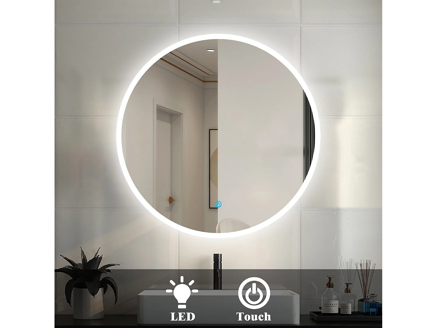 AICA Rund Badspiegel mit LED-Beleuchtung ø60cm Touchschalter Kaltweiß