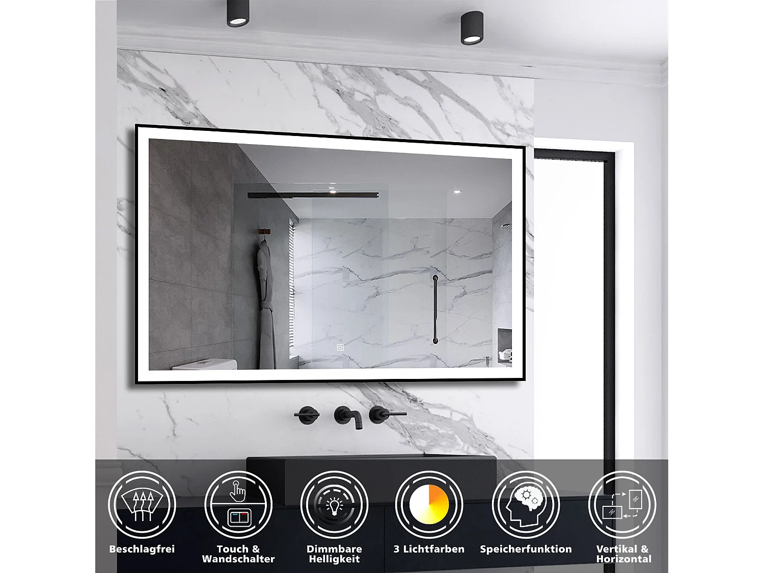 AICA LED Wandspiegel 120x70cm Beschlagfrei 3 Lichtfarbe+Dimmbar Schwarz Rahmen Memory-Funktion