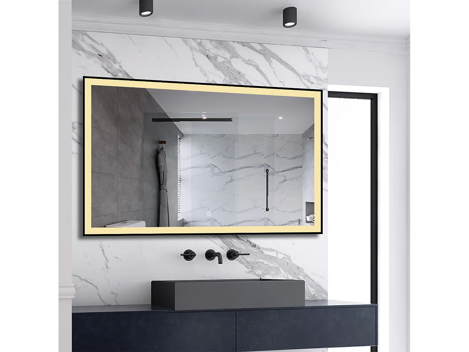 AICA LED Wandspiegel 120x70cm Beschlagfrei 3 Lichtfarbe+Dimmbar Schwarz Rahmen Memory-Funktion