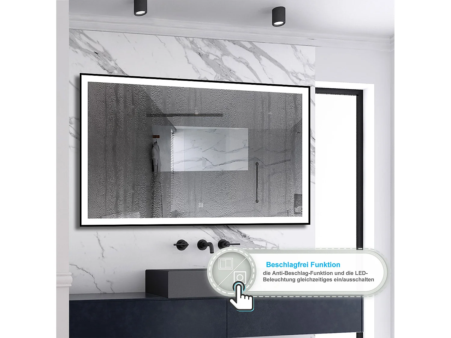 AICA LED Wandspiegel 120x70cm Beschlagfrei 3 Lichtfarbe+Dimmbar Schwarz Rahmen Memory-Funktion