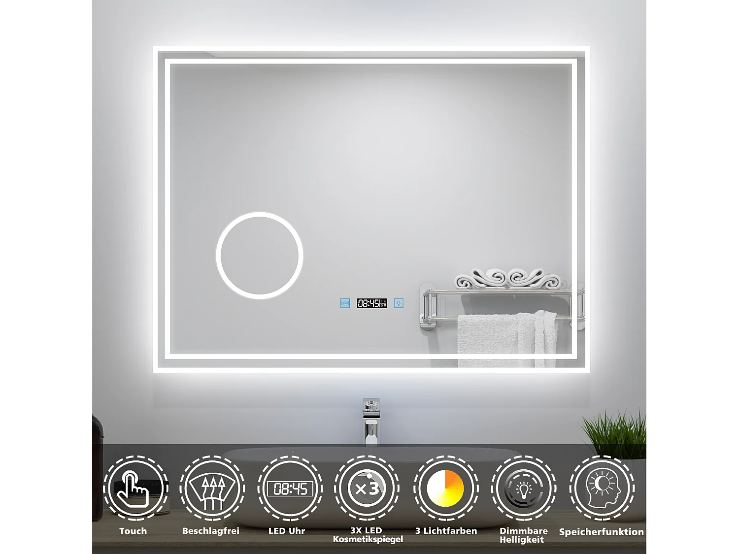 AICA Badezimmerspiegel mit LED-Beleuchtung 100x60cm Uhr Kosmetikspiegel 3 Lichtfarbe+Dimmbar Beschlagfrei Memory-Funktion