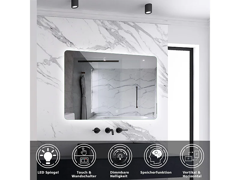 AICA Badspiegel mit LED-Beleuchtung 70x50cm Kaltweiß Dimmbar Memory-Funktion