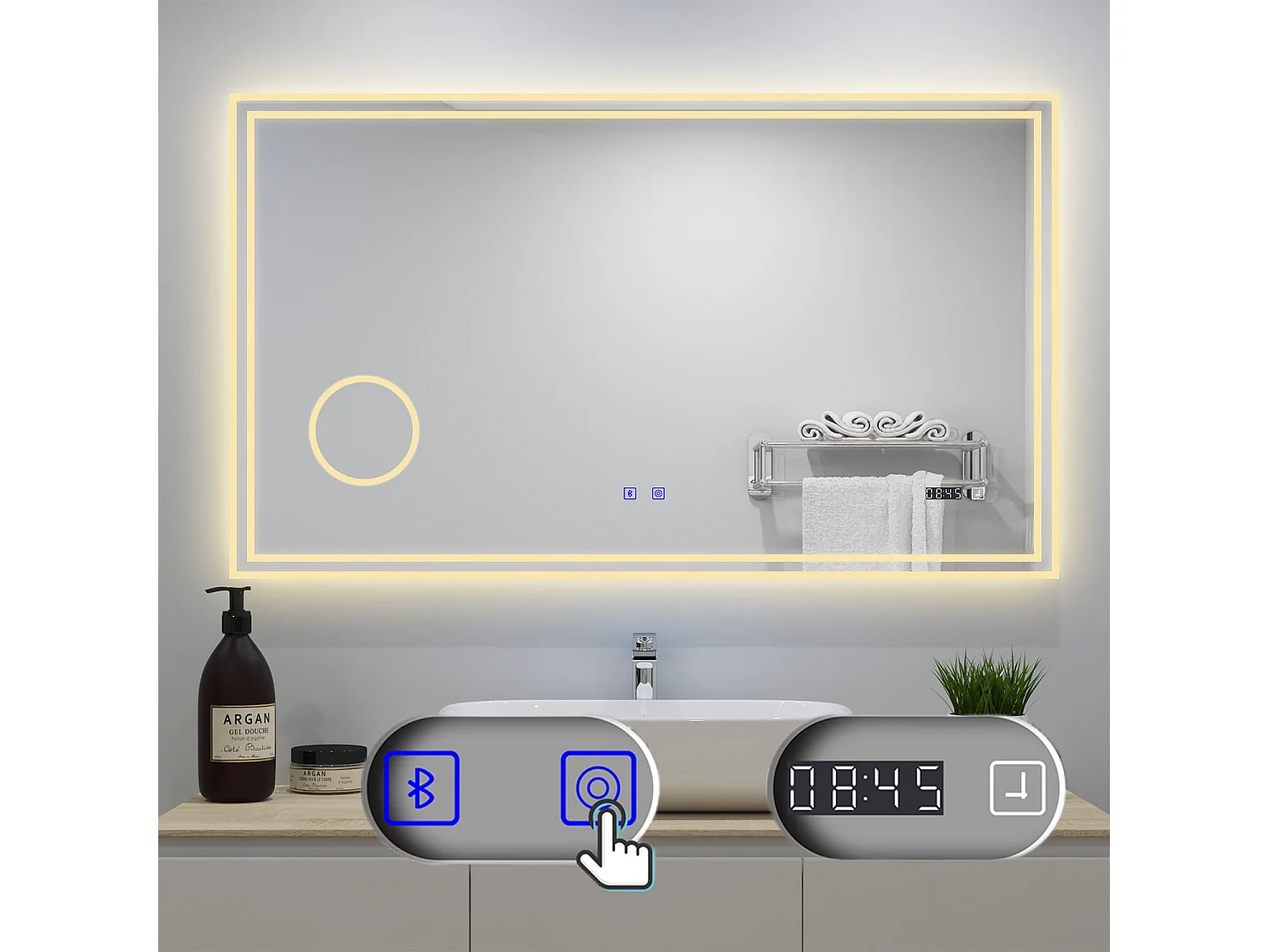 AICA Badezimmerspiegel mit LED-Beleuchtung 160x80cm Bluetooth Uhr Kosmetikspiegel 3 Lichtfarbe+Dimmbar Beschlagfrei Memory-Funktion