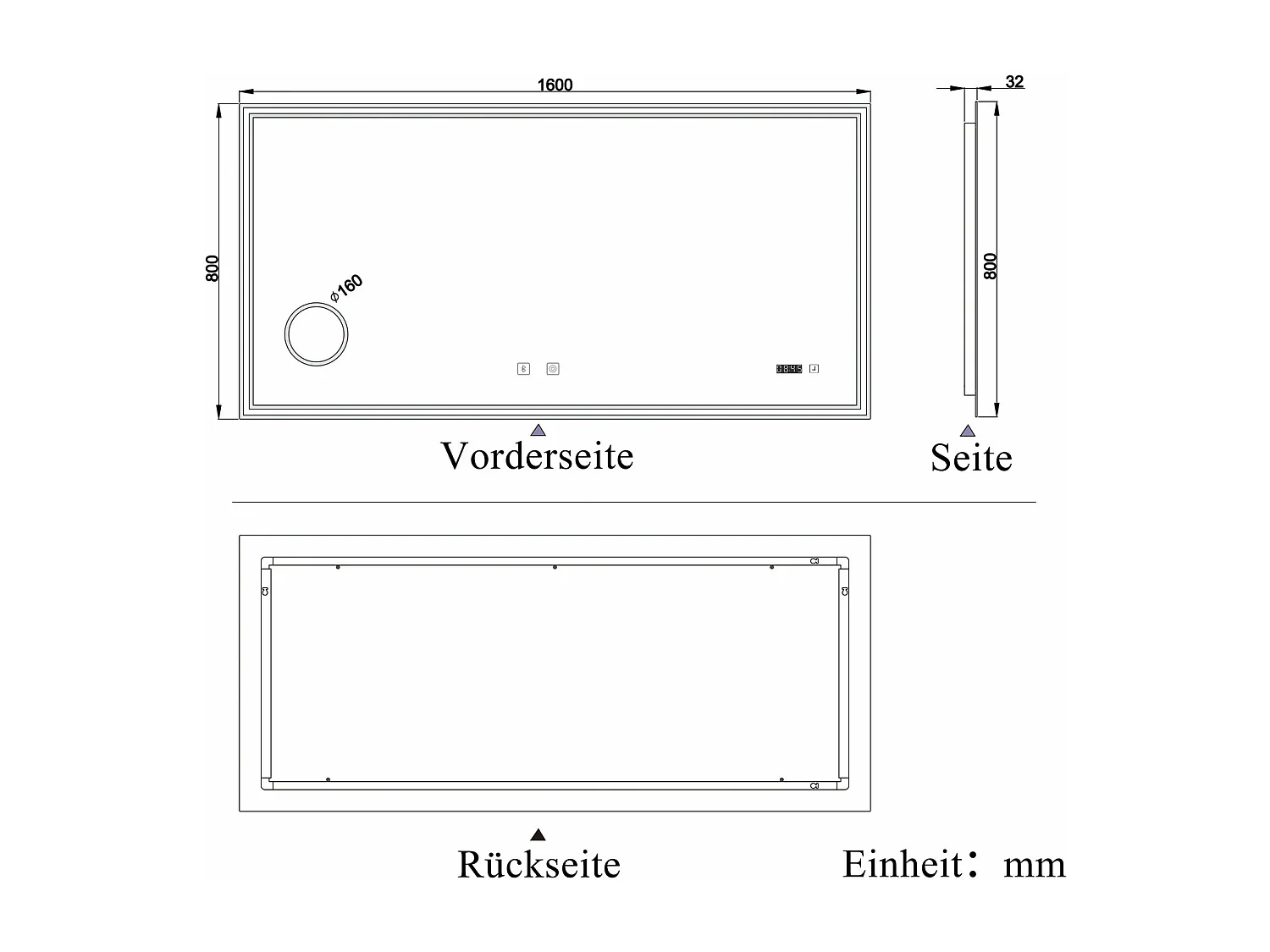 AICA Badezimmerspiegel mit LED-Beleuchtung 160x80cm Bluetooth Uhr Kosmetikspiegel 3 Lichtfarbe+Dimmbar Beschlagfrei Memory-Funktion