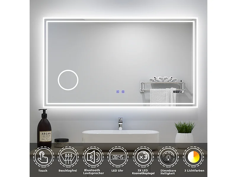 AICA Badezimmerspiegel mit LED-Beleuchtung 160x80cm Bluetooth Uhr Kosmetikspiegel 3 Lichtfarbe+Dimmbar Beschlagfrei Memory-Funktion