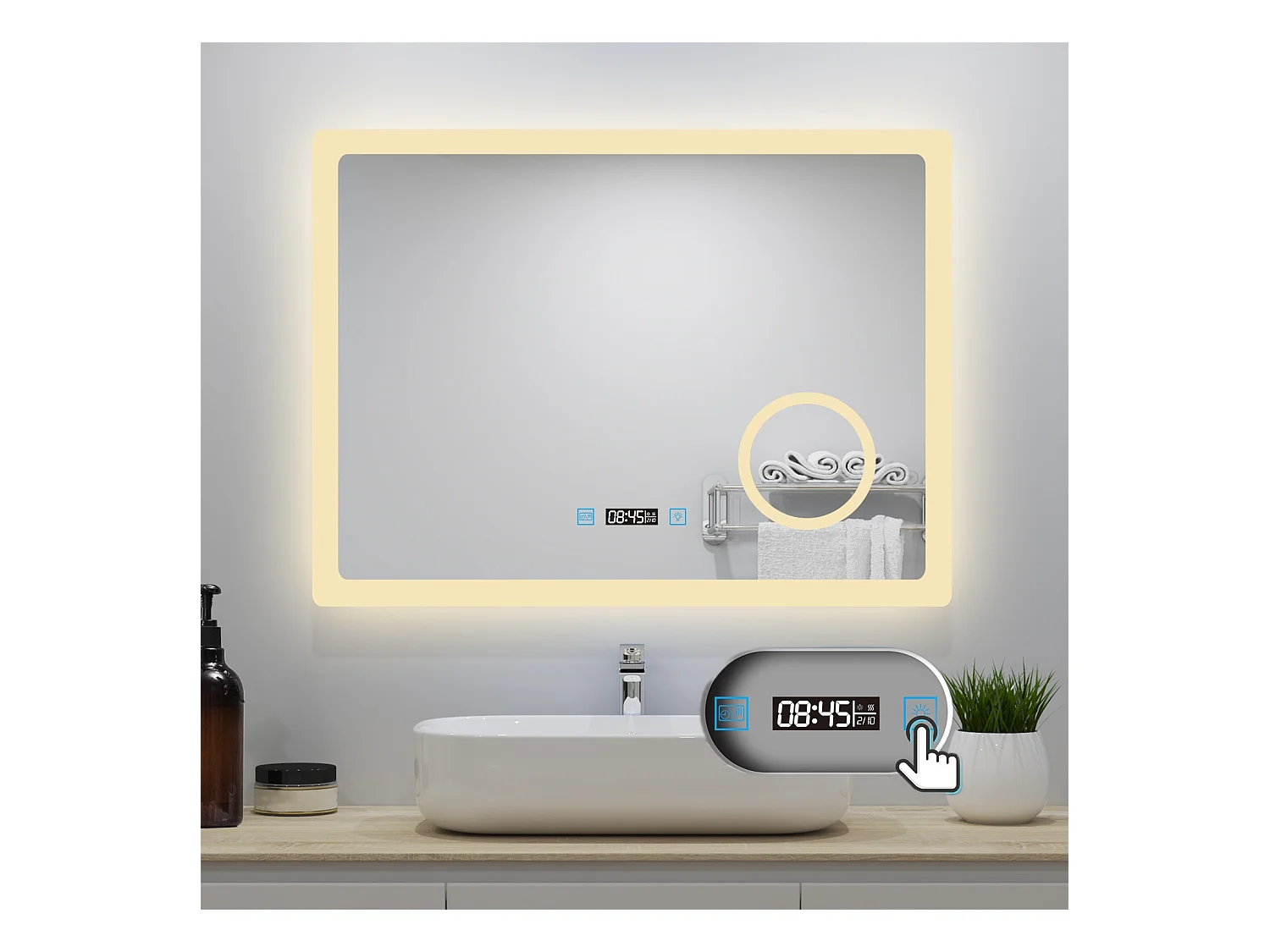 AICA Badspiegel mit LED-Beleuchtung 80x60cm Uhr Kosmetikspiegel Beschlagfrei 3 Lichtfarbe+Dimmbar Memory-Funktion
