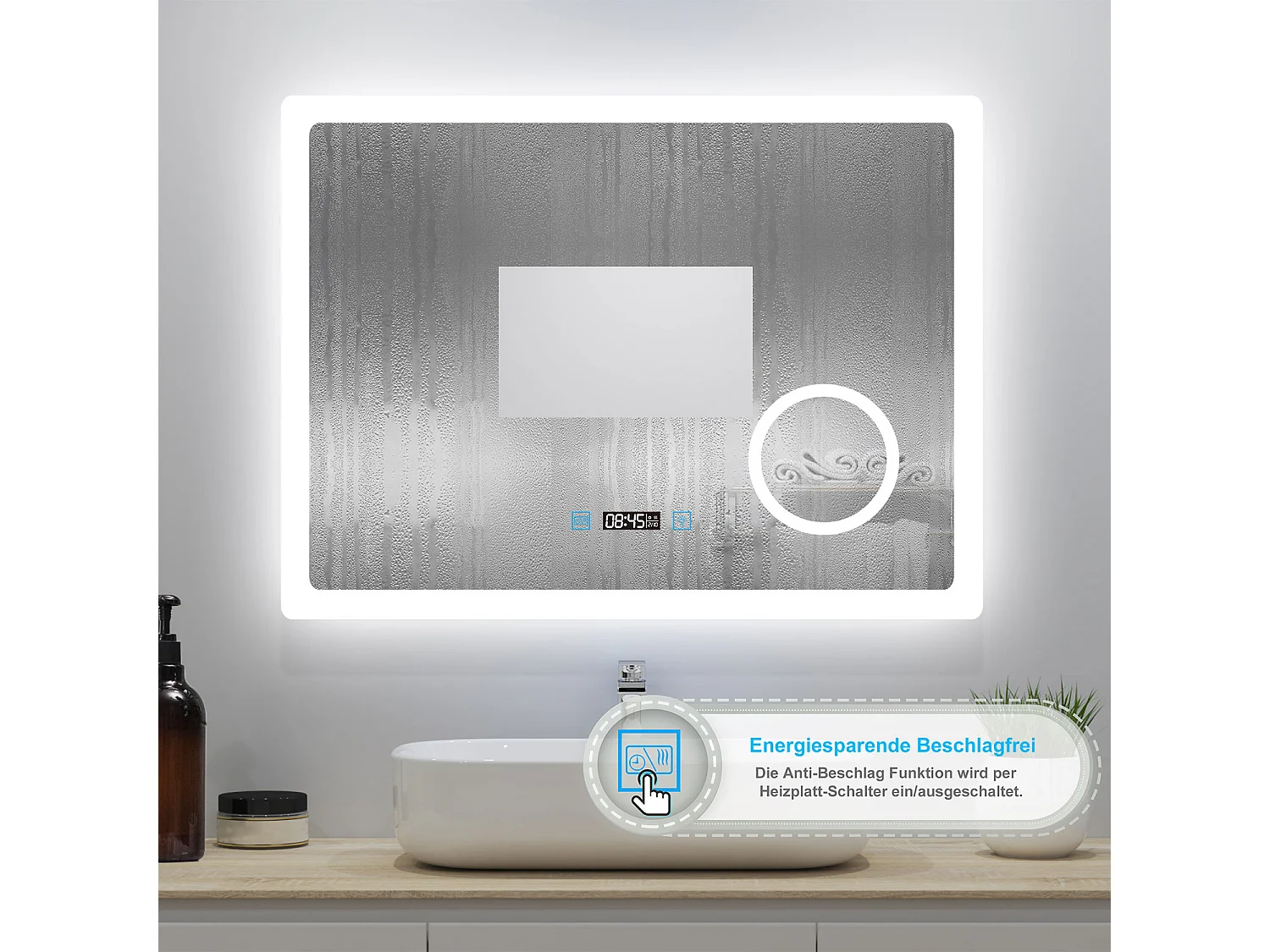 AICA Badspiegel mit LED-Beleuchtung 80x60cm Uhr Kosmetikspiegel Beschlagfrei 3 Lichtfarbe+Dimmbar Memory-Funktion