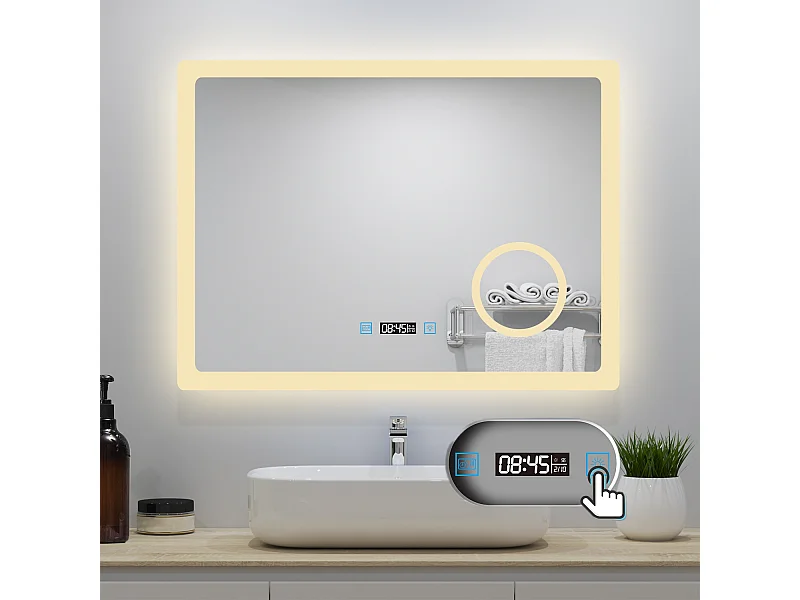 AICA Badspiegel mit LED-Beleuchtung 80x60cm Uhr Kosmetikspiegel Beschlagfrei 3 Lichtfarbe+Dimmbar Memory-Funktion