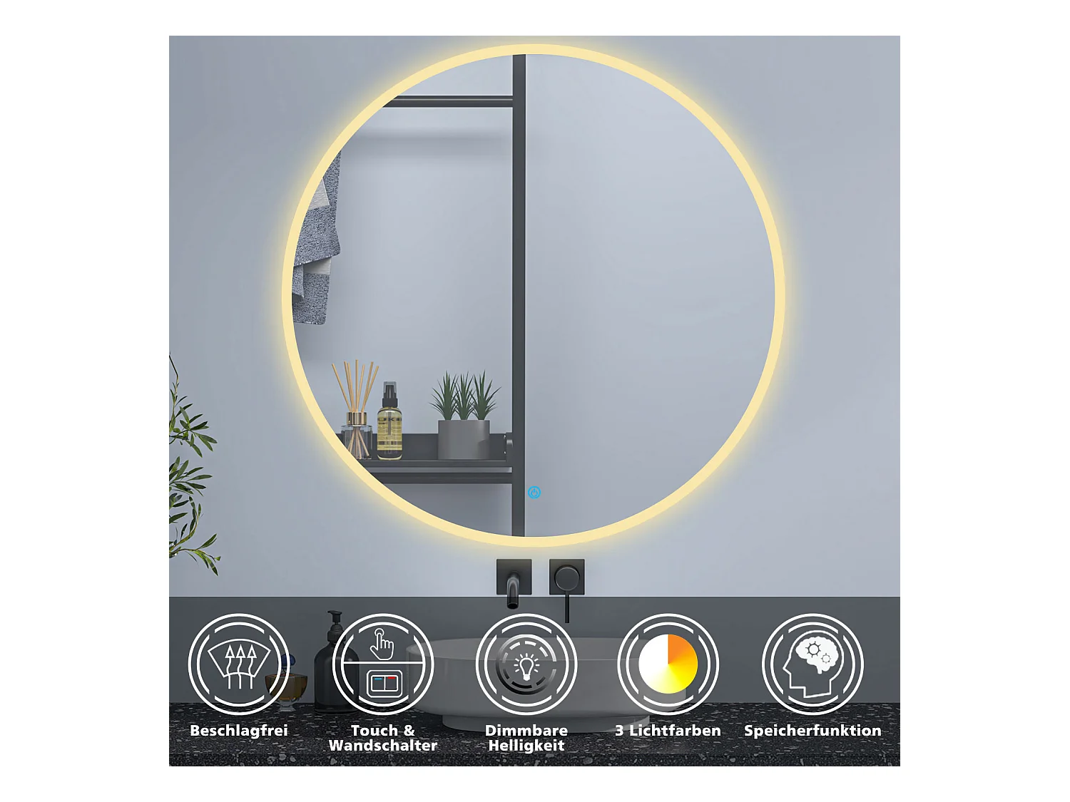 AICA Rund Badspiegel mit LED-Beleuchtung ø100cm 3 Lichtfarbe+Dimmbar Beschlagfrei Memory-Funktion Wand/Touchschalter