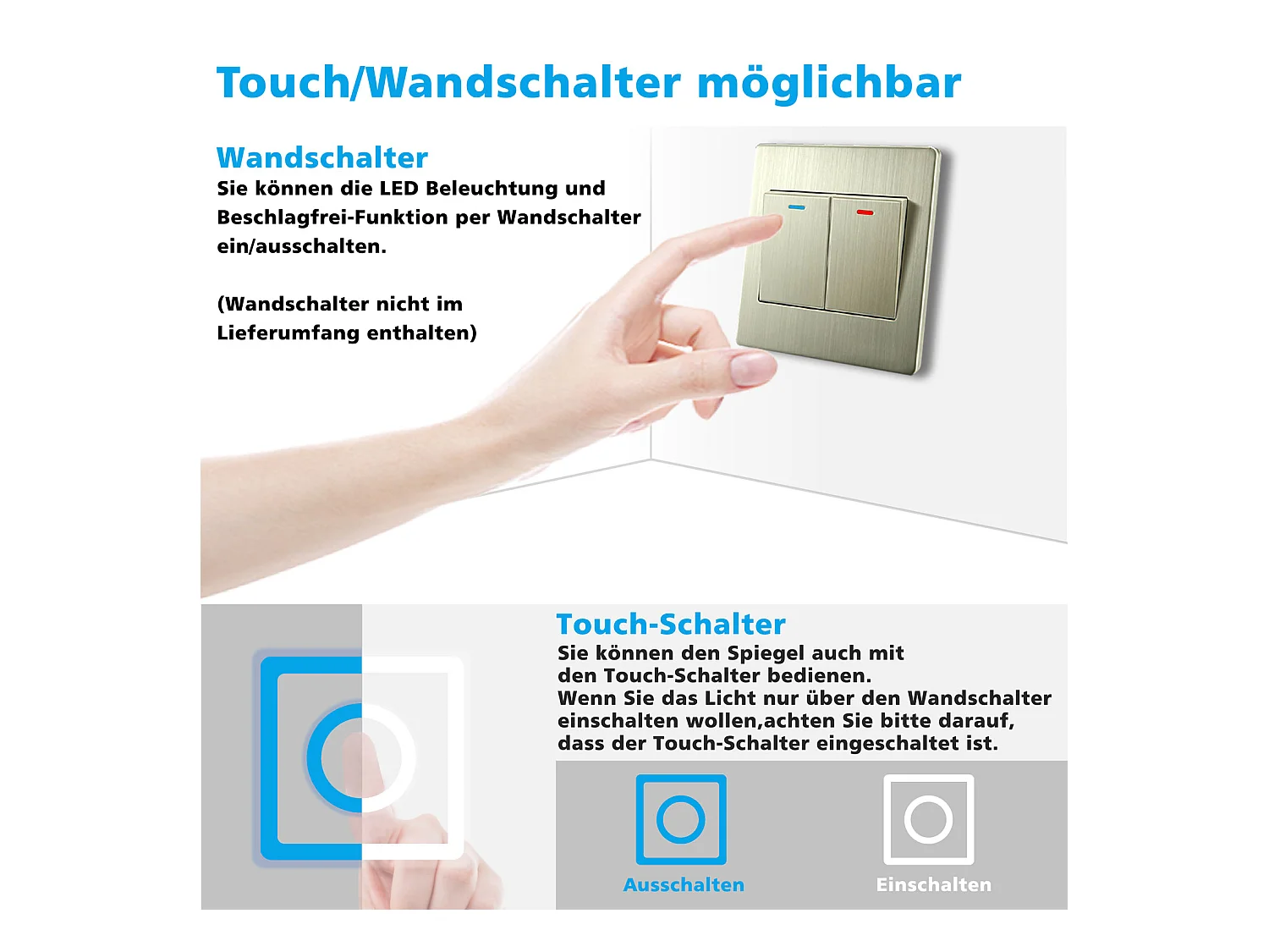 AICA Rund Badspiegel mit LED-Beleuchtung ø100cm 3 Lichtfarbe+Dimmbar Beschlagfrei Memory-Funktion Wand/Touchschalter