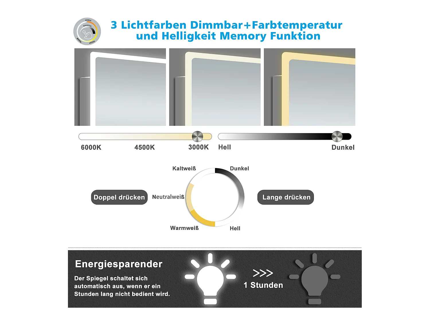AICA Rund Badspiegel mit LED-Beleuchtung ø100cm 3 Lichtfarbe+Dimmbar Beschlagfrei Memory-Funktion Wand/Touchschalter