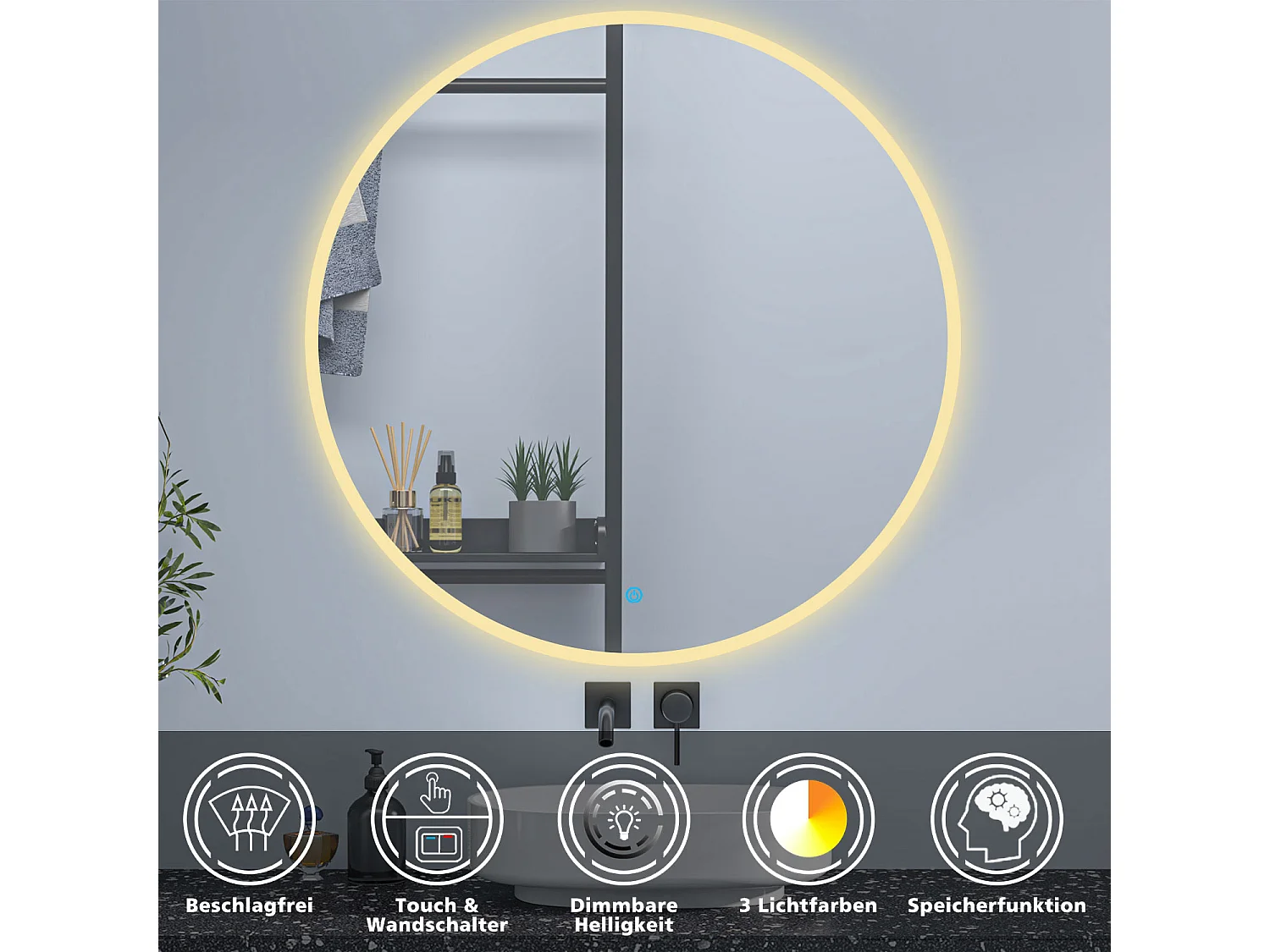 AICA Rund Badspiegel mit LED-Beleuchtung ø100cm 3 Lichtfarbe+Dimmbar Beschlagfrei Memory-Funktion Wand/Touchschalter