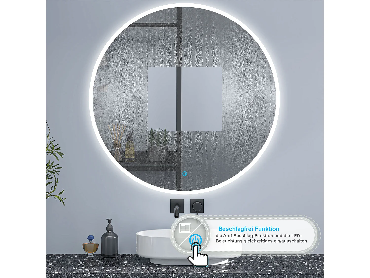 AICA Rund Badspiegel mit LED-Beleuchtung ø100cm 3 Lichtfarbe+Dimmbar Beschlagfrei Memory-Funktion Wand/Touchschalter
