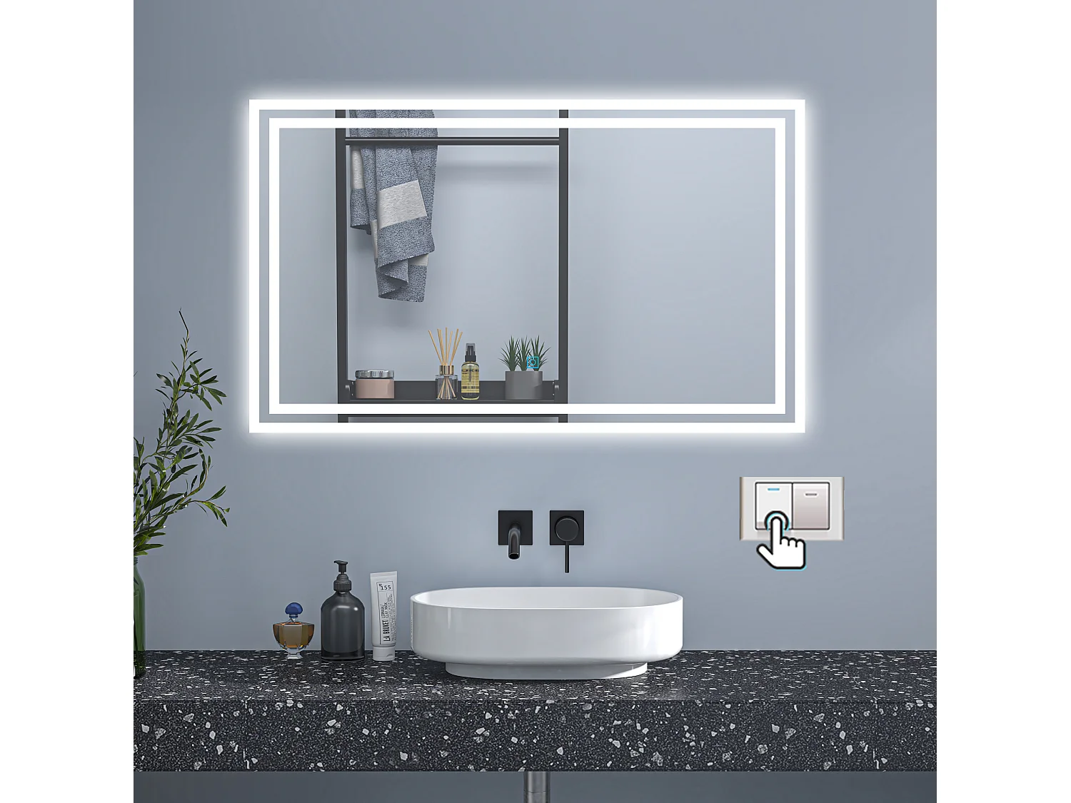 AICA Badspiegel mit LED-Beleuchtung 90x70cm Wand/Touchschalter Beschlagfrei 3 Lichtfarbe+Dimmbar Memory-Funktion - PICHON