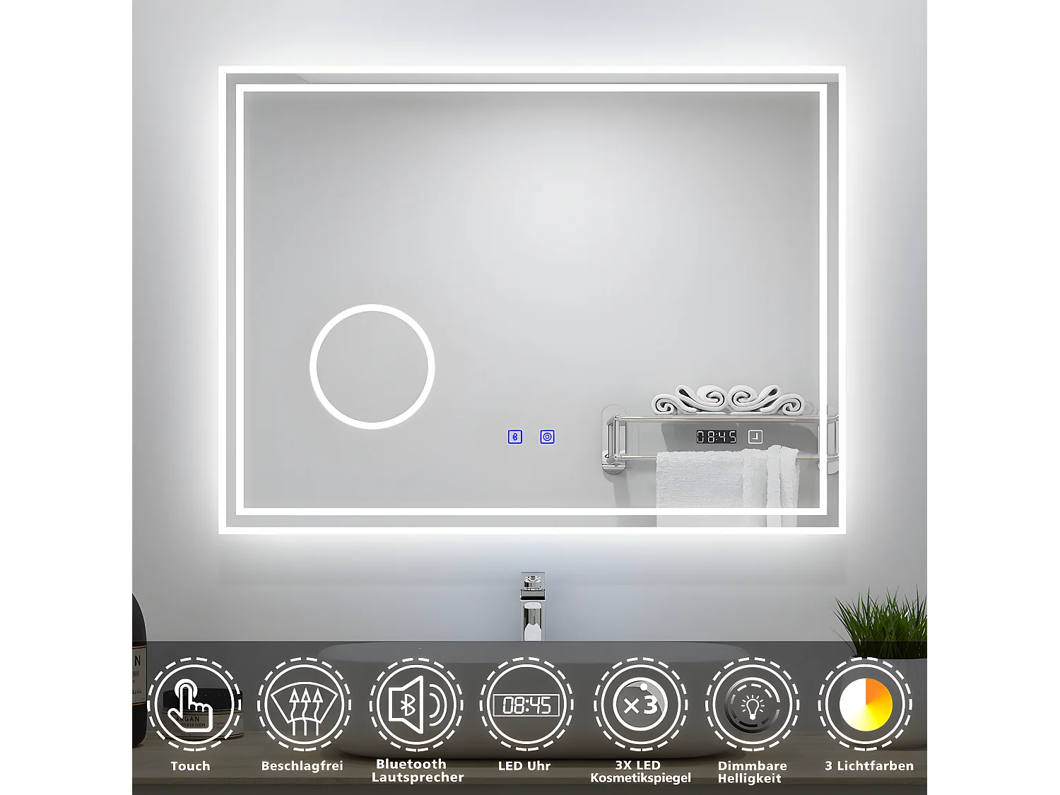 AICA Badezimmerspiegel mit LED-Beleuchtung 80x60cm Bluetooth Uhr Kosmetikspiegel 3 Lichtfarbe+Dimmbar Beschlagfrei Memory-Funktion
