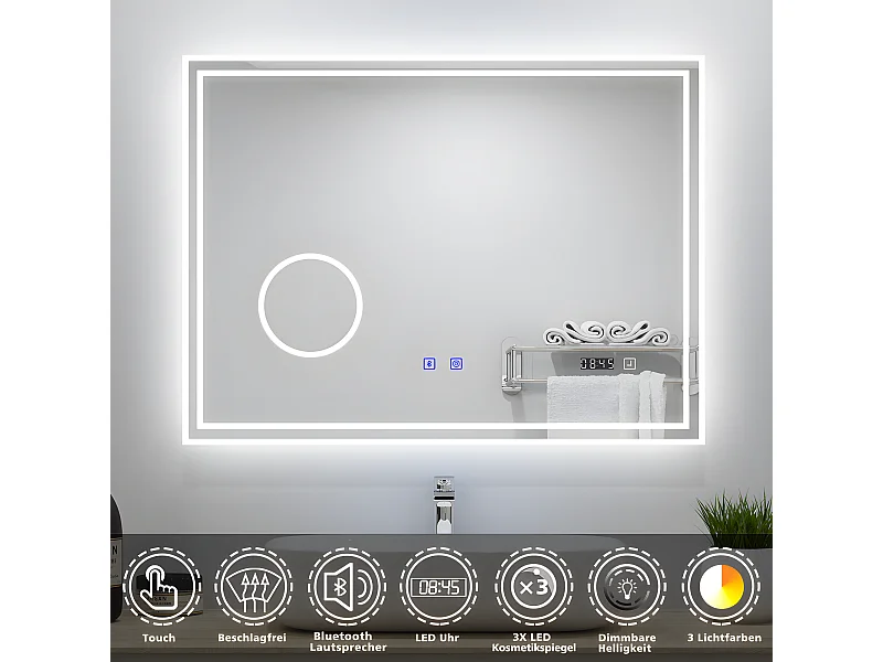 AICA Badezimmerspiegel mit LED-Beleuchtung 80x60cm Bluetooth Uhr Kosmetikspiegel 3 Lichtfarbe+Dimmbar Beschlagfrei Memory-Funktion