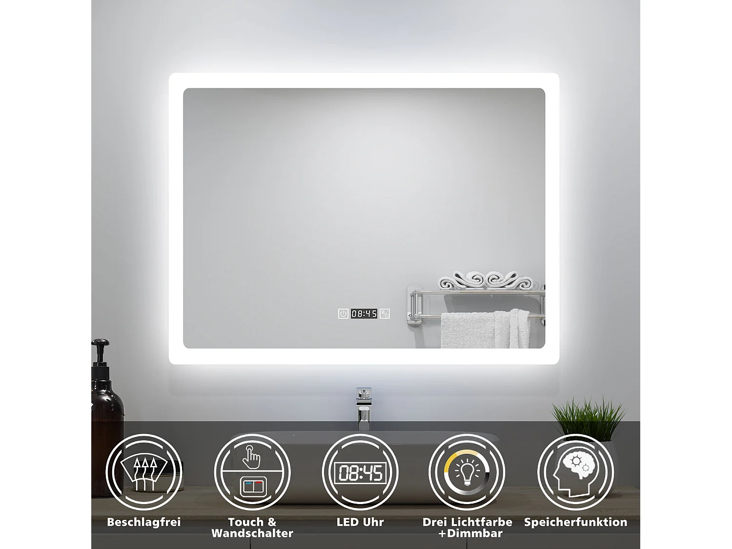 AICA LED Badspiegel 80x60cm Wand/Touchschalter - Uhr - Beschlagfrei - 3 Lichtfarbe - Dimmbar - Memory-Funktion