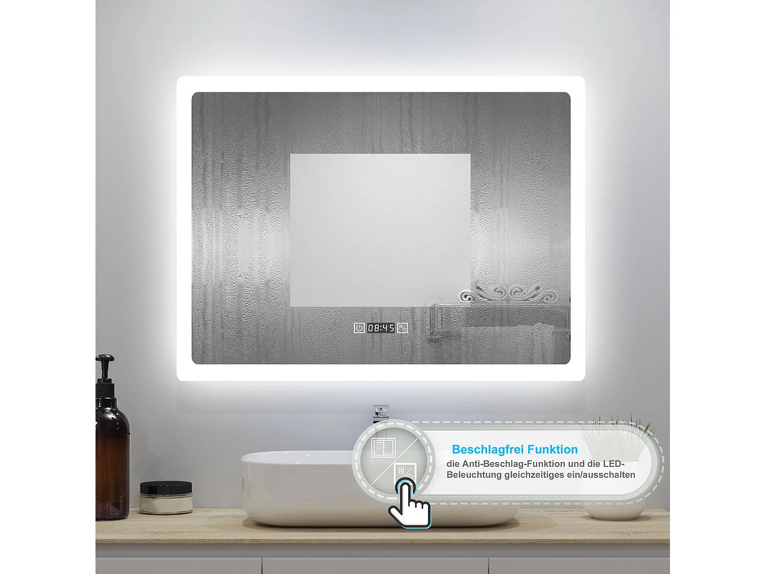 AICA LED Badspiegel 80x60cm Wand/Touchschalter - Uhr - Beschlagfrei - 3 Lichtfarbe - Dimmbar - Memory-Funktion